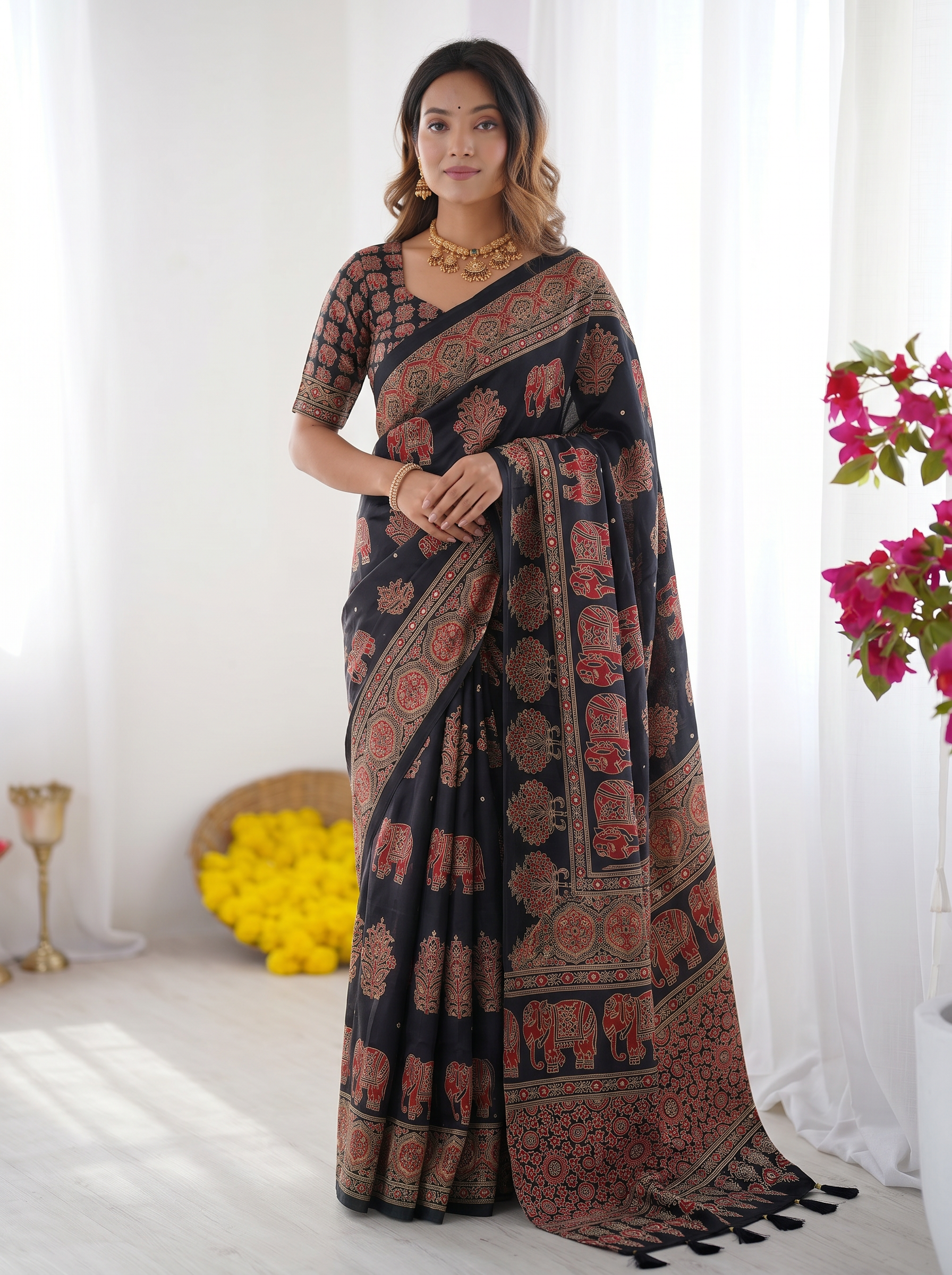 Black Modal Silk Saree with Elephant Motif Ajrakh Print & Heritage Designer Pallu | Traditional Festive Wear Saree