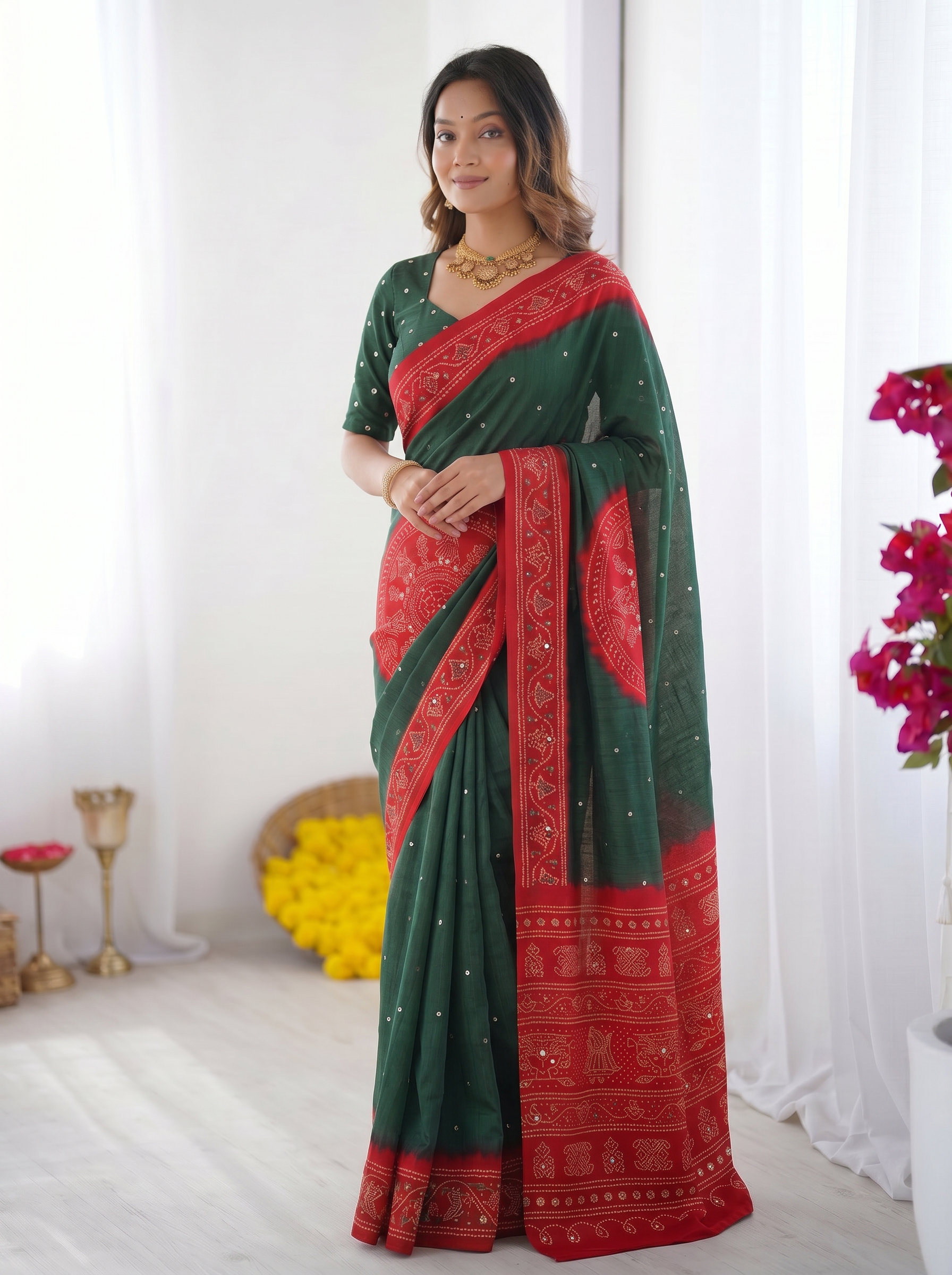Bottle Green & Ruby Red Bandhani Inspired Cotton Silk Saree with Traditional Folk Print Border & Designer Pallu