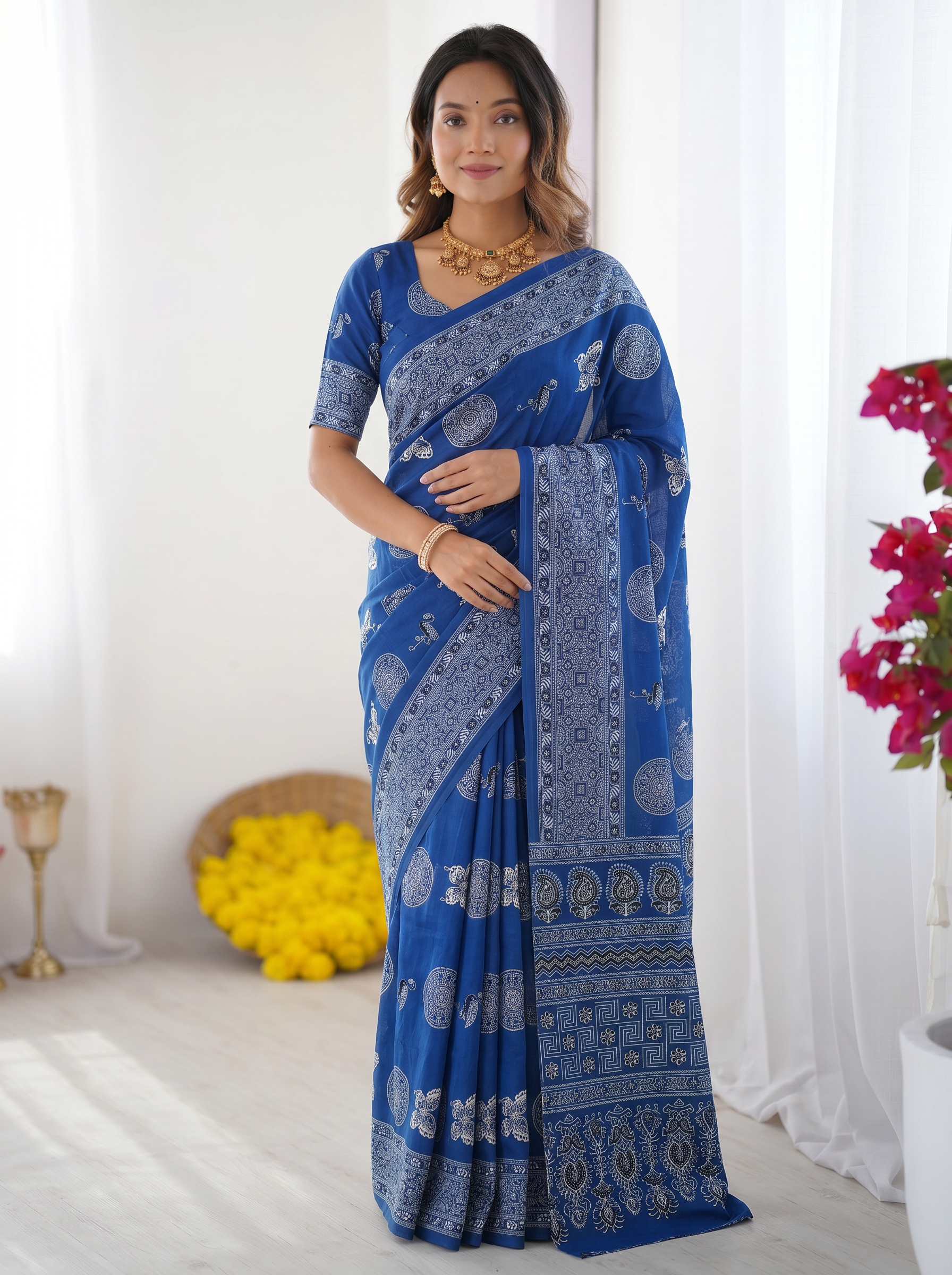 Royal Blue Modal Silk Saree with Paisley & Circular Motif Print | Designer Heritage Pallu Saree for Festive Wear