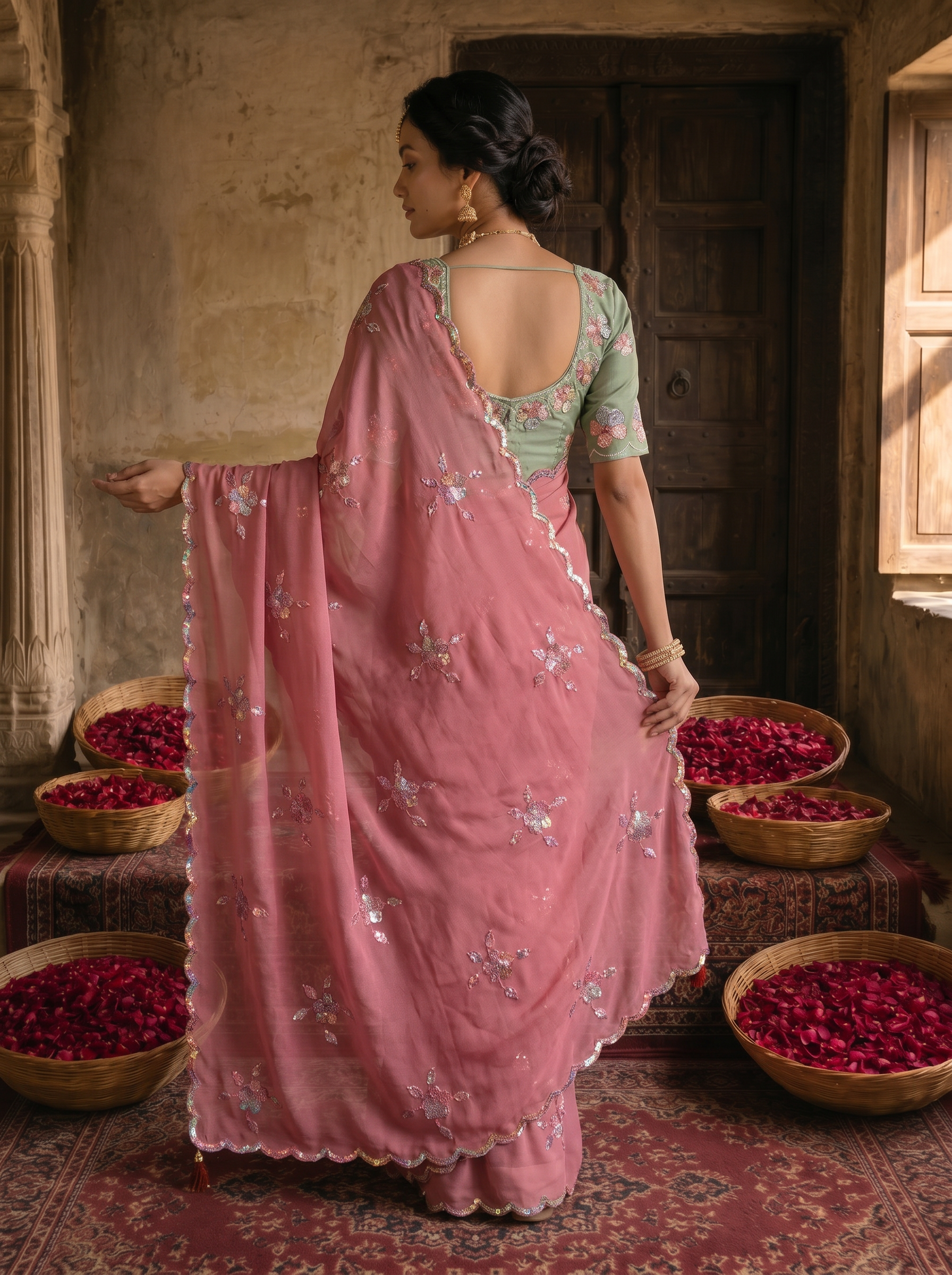 Dusty Rose Pink Georgette Embroidered Saree with Floral Sequin Work & Contrast Designer Blouse