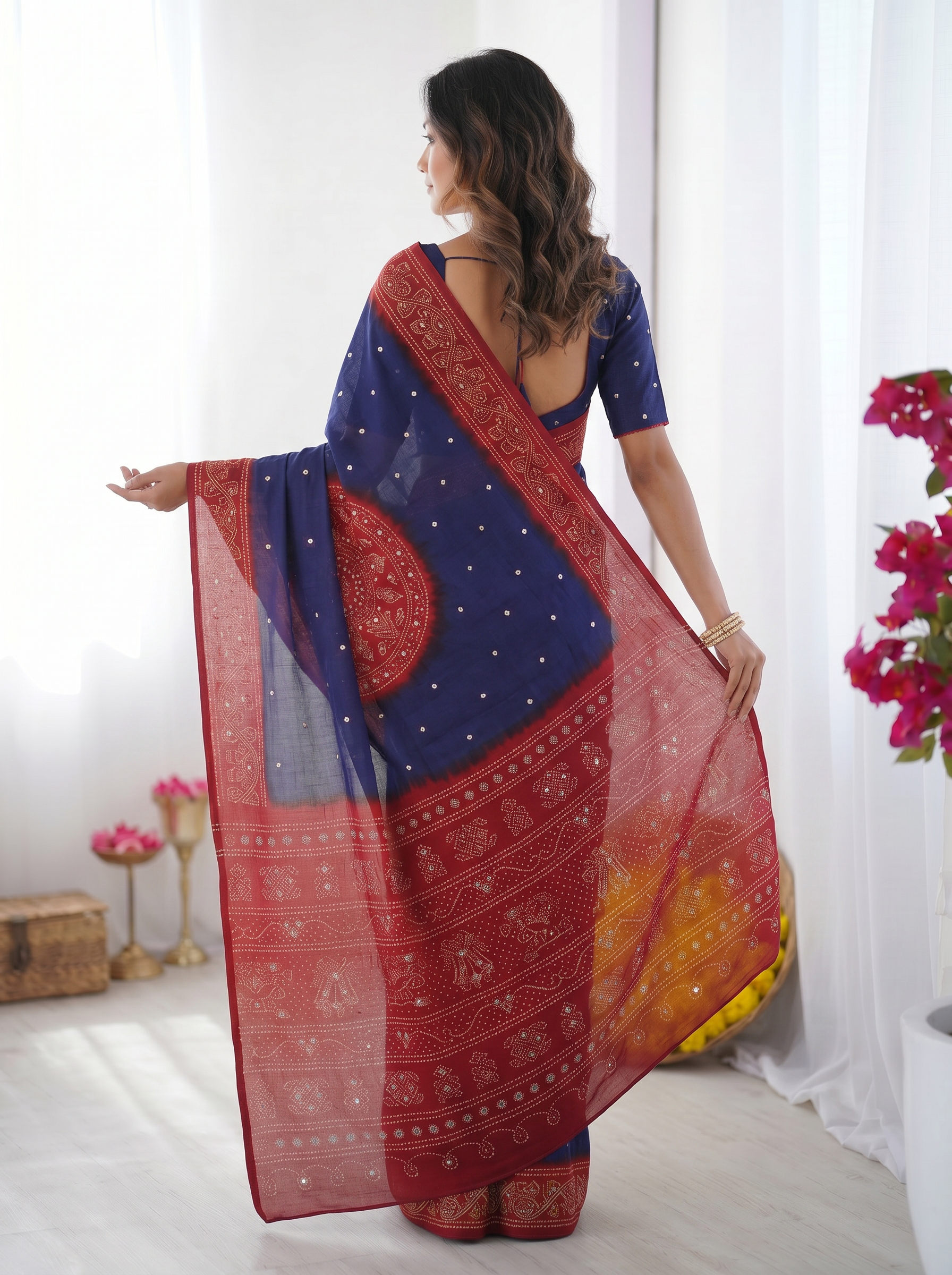 Royal Blue & Crimson Red Bandhani Inspired Modal Silk Saree with Traditional Folk Art Pallu & Stone Embellishments