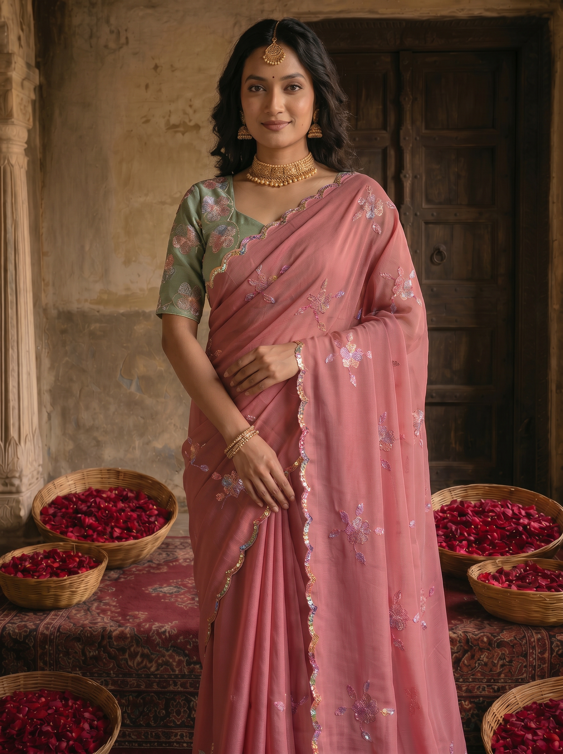 Dusty Rose Pink Georgette Embroidered Saree with Floral Sequin Work & Contrast Designer Blouse
