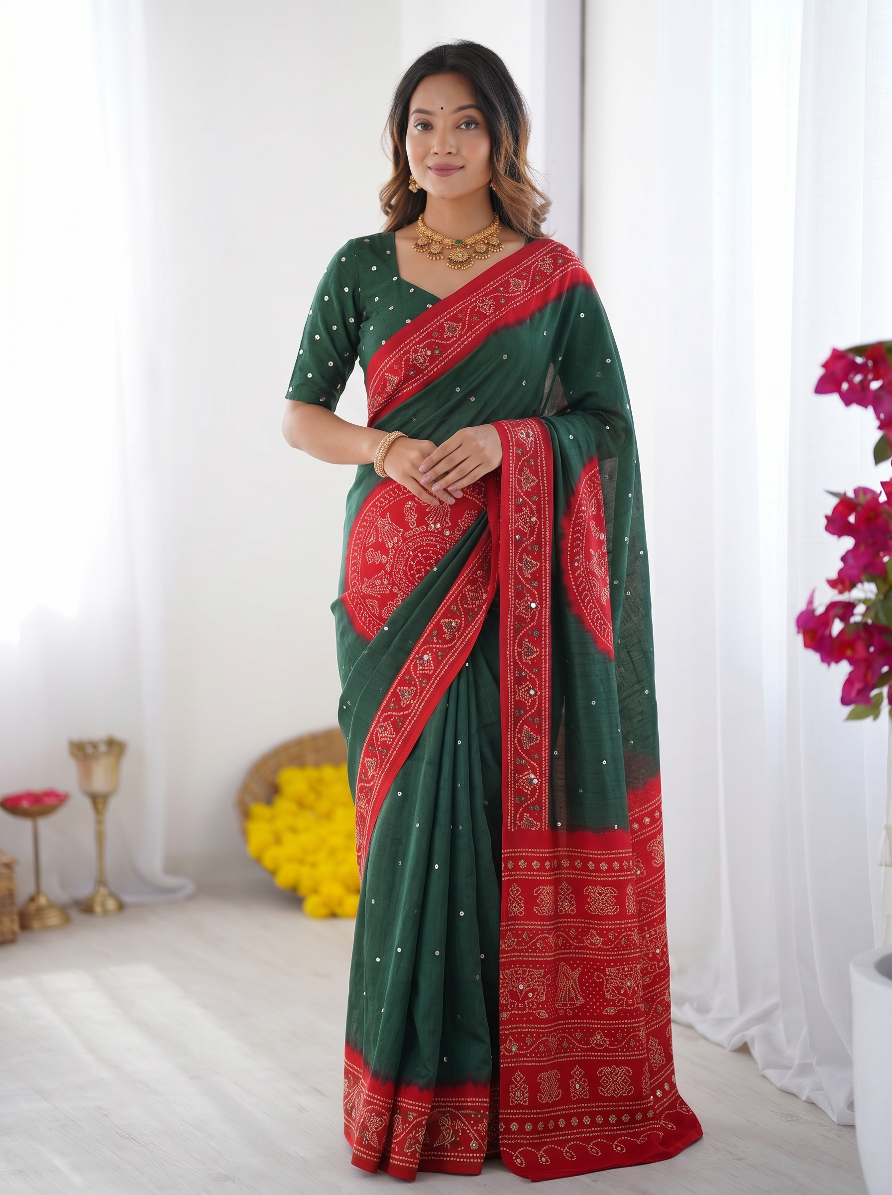 Bottle Green & Ruby Red Bandhani Inspired Cotton Silk Saree with Traditional Folk Print Border & Designer Pallu