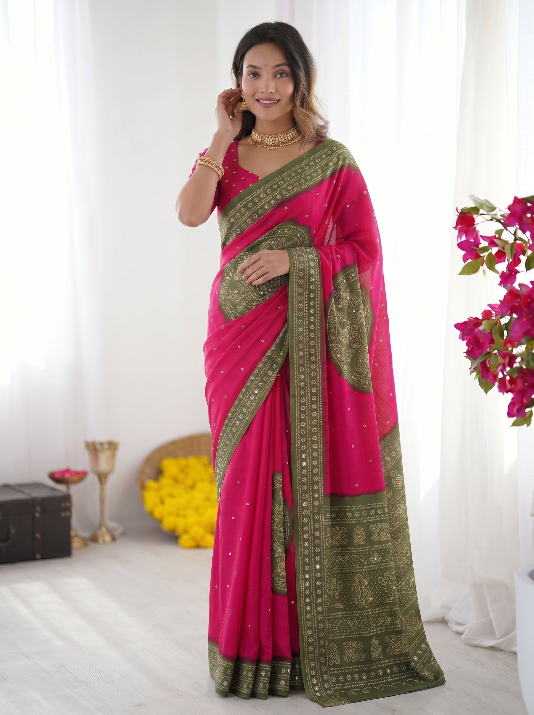 Rani Pink & Olive Green Bandhani Inspired Modal Silk Saree with Traditional Folk Print Pallu & Stone Embellishments