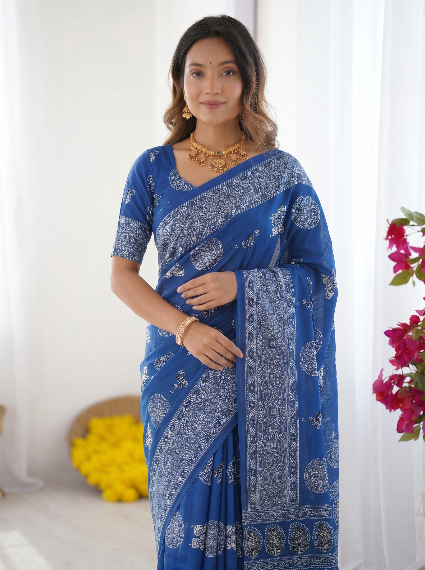 Royal Blue Modal Silk Saree with Paisley & Circular Motif Print | Designer Heritage Pallu Saree for Festive Wear