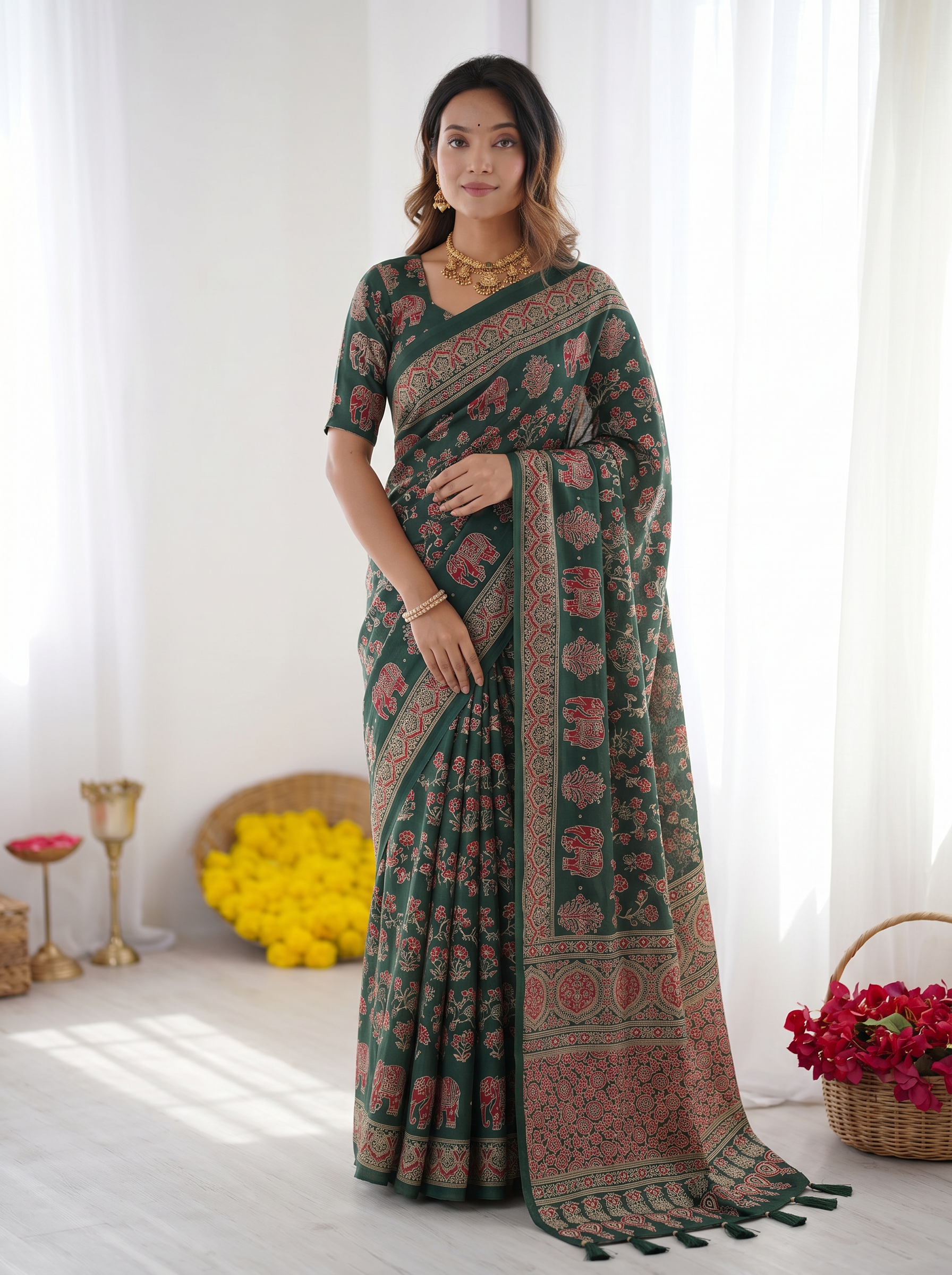 Forest Green Modal Silk Saree with Elephant Motif Ajrakh Print & Designer Heritage Pallu | Traditional Festive Wear Saree