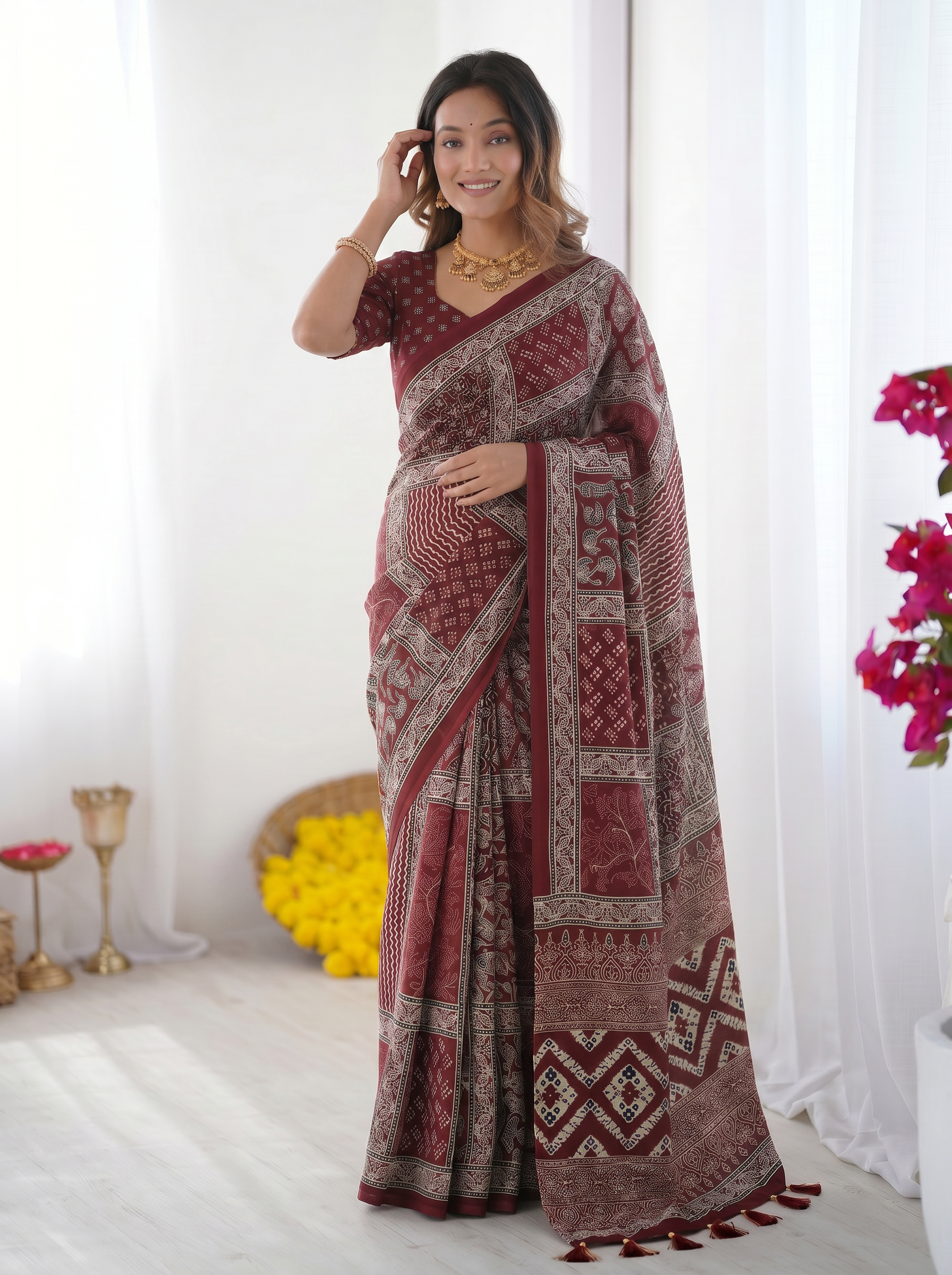 Maroon Modal Silk Saree with Tribal & Geometric Print | Designer Ethnic Pallu Saree for Festive & Cultural Wear