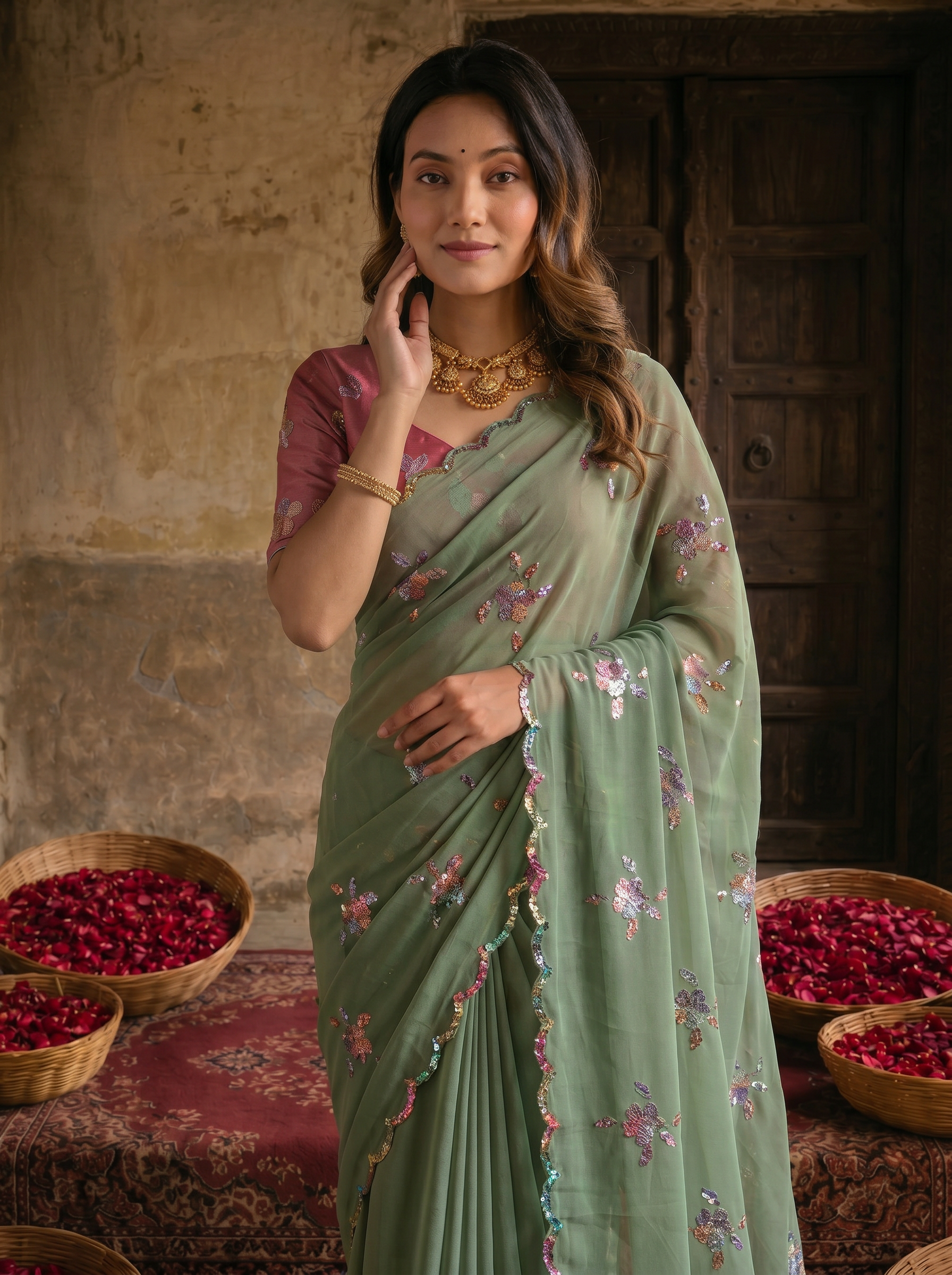 Sage Green Georgette Embroidered Saree with Floral Sequin Work & Designer Blouse