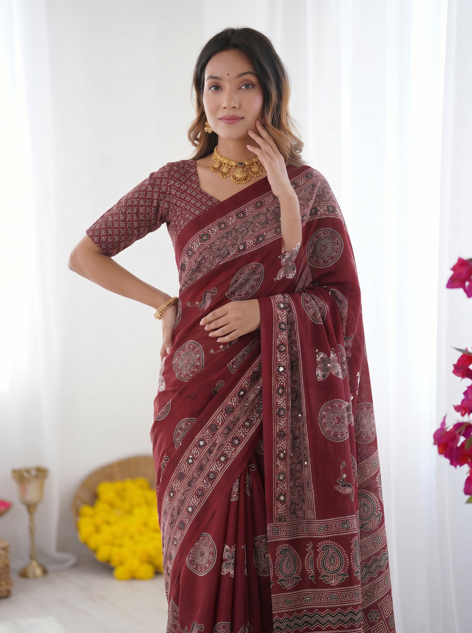 Maroon Modal Silk Saree with Paisley & Circular Motif Print | Designer Heritage Pallu Saree for Festive Wear