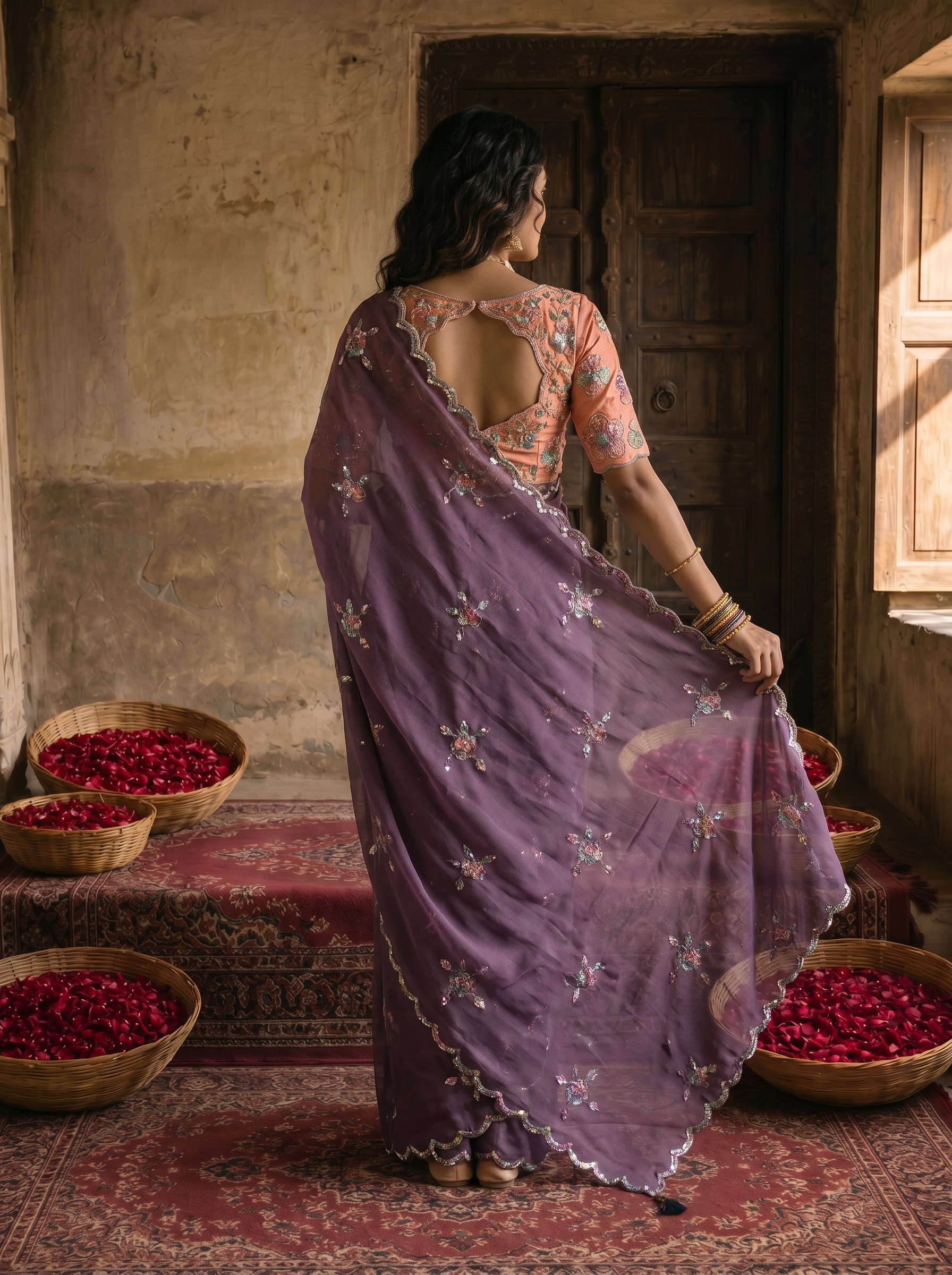 Dusty Lavender Georgette Embroidered Saree with Floral Sequin Work & Peach Designer Blouse