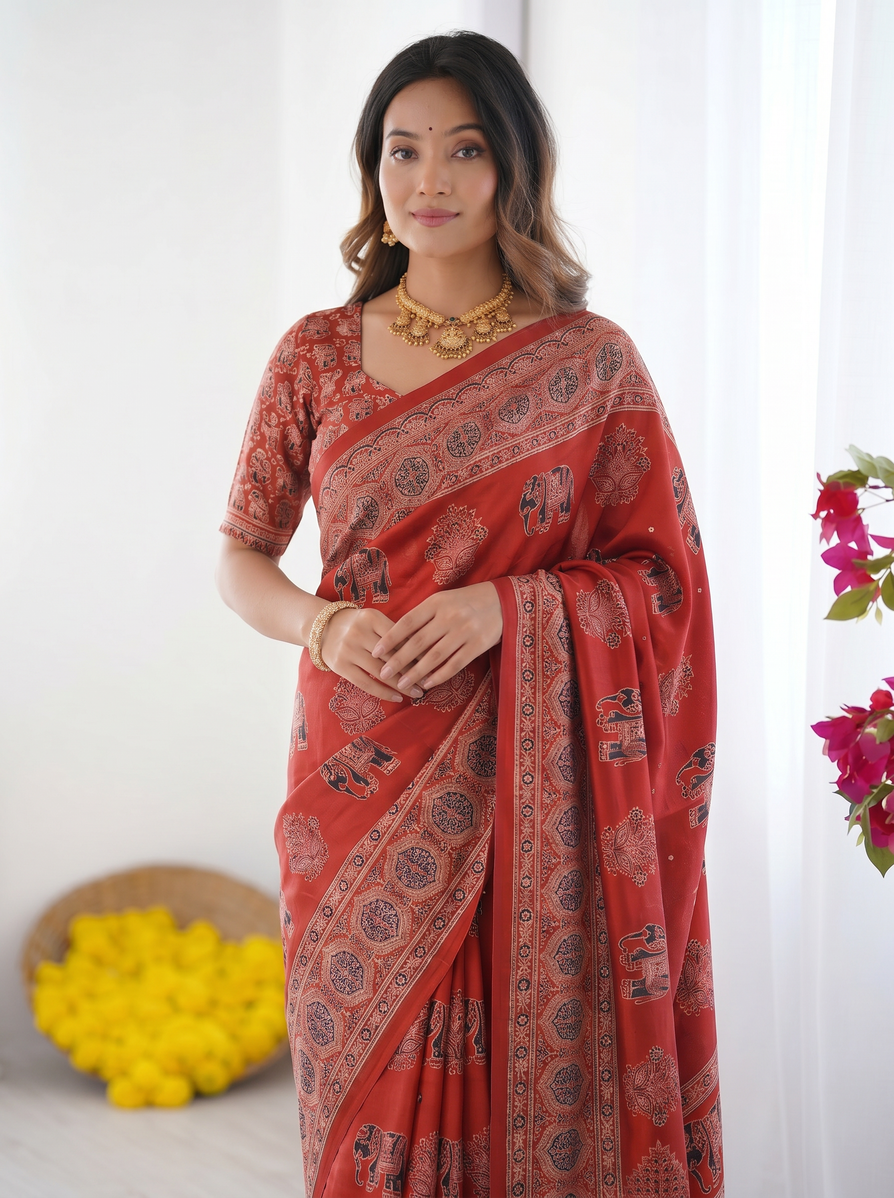 Rust Red Modal Silk Saree with Elephant Motif Ajrakh Print & Designer Pallu | Traditional Ethnic Festive Wear Saree