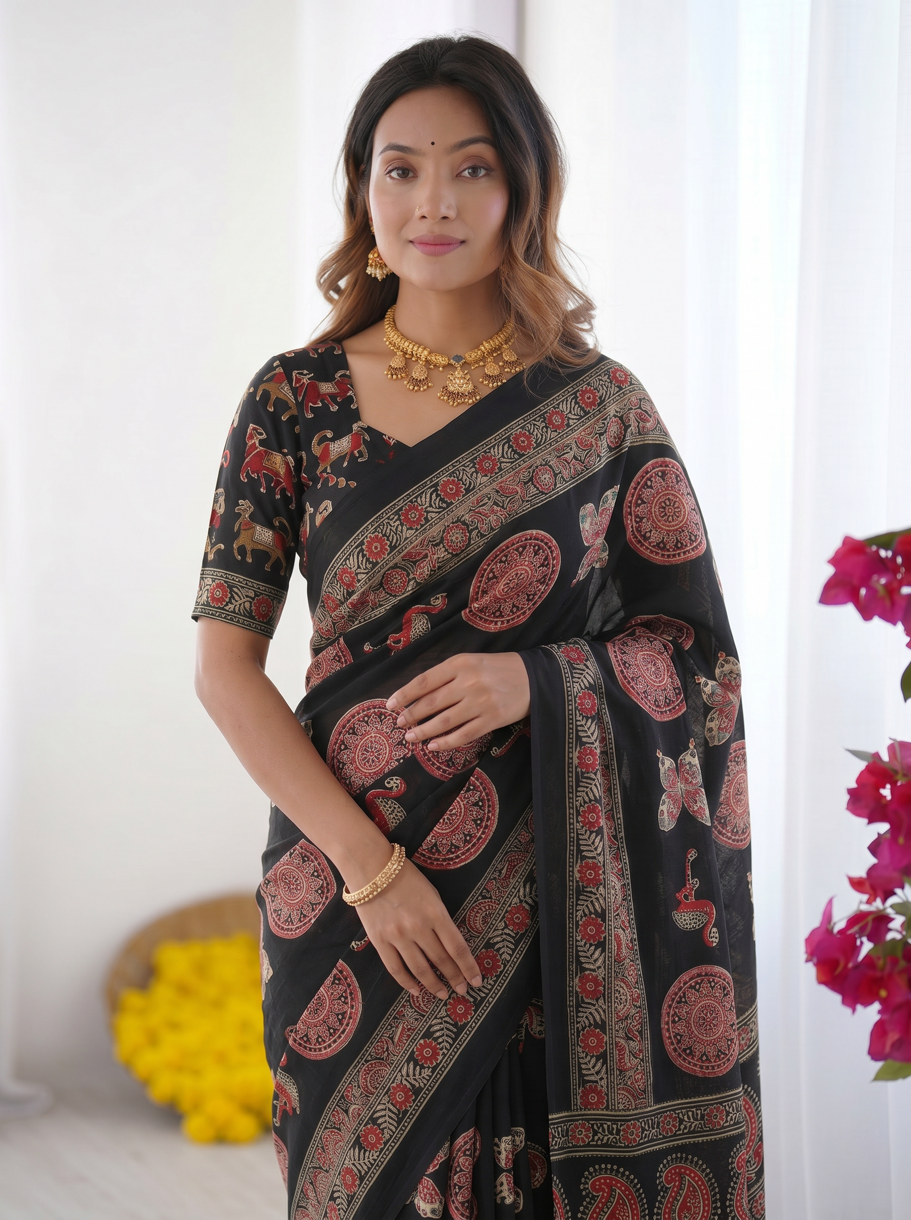 Black Modal Silk Saree with Traditional Ajrakh-Inspired Circular Motif Print & Designer Pallu | Festive & Ethnic Wear Saree