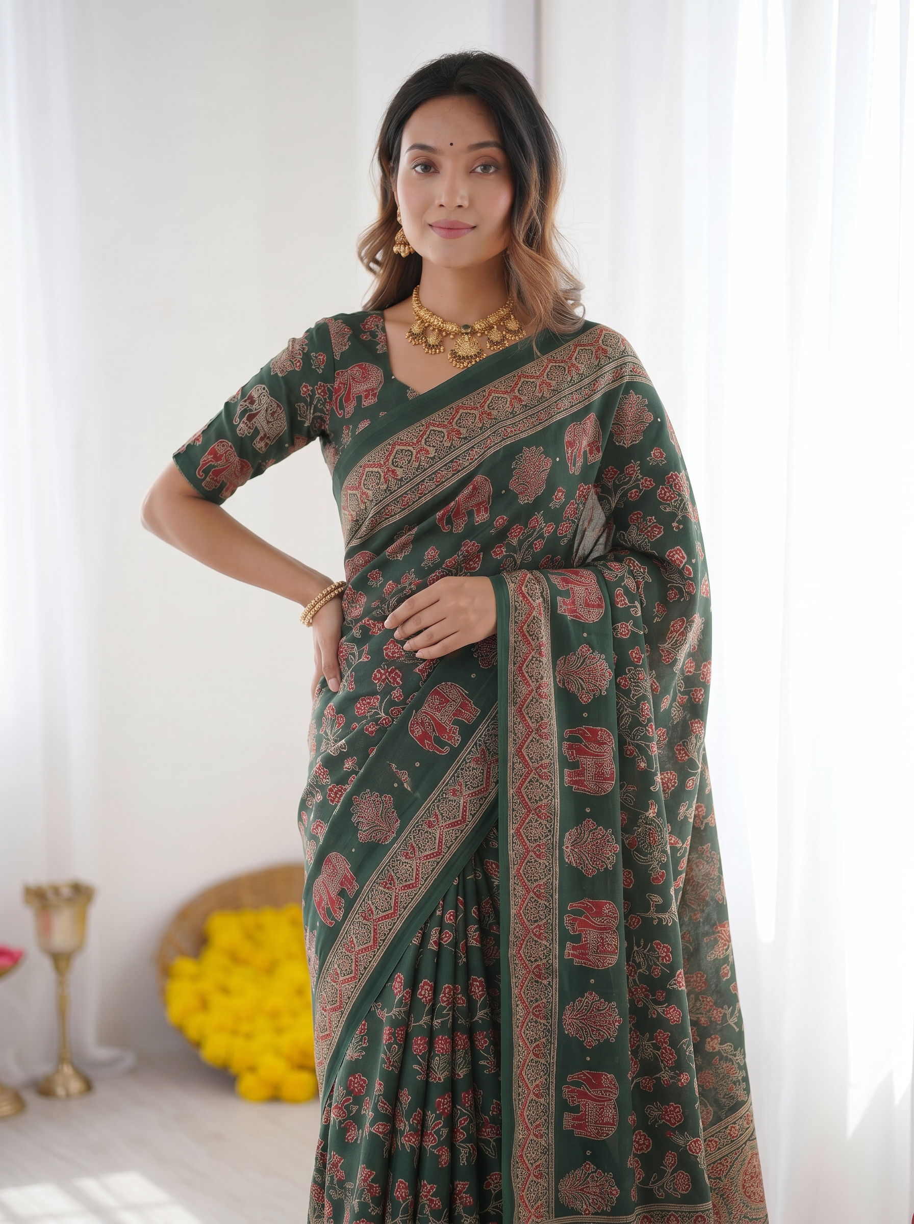 Forest Green Modal Silk Saree with Elephant Motif Ajrakh Print & Designer Heritage Pallu | Traditional Festive Wear Saree