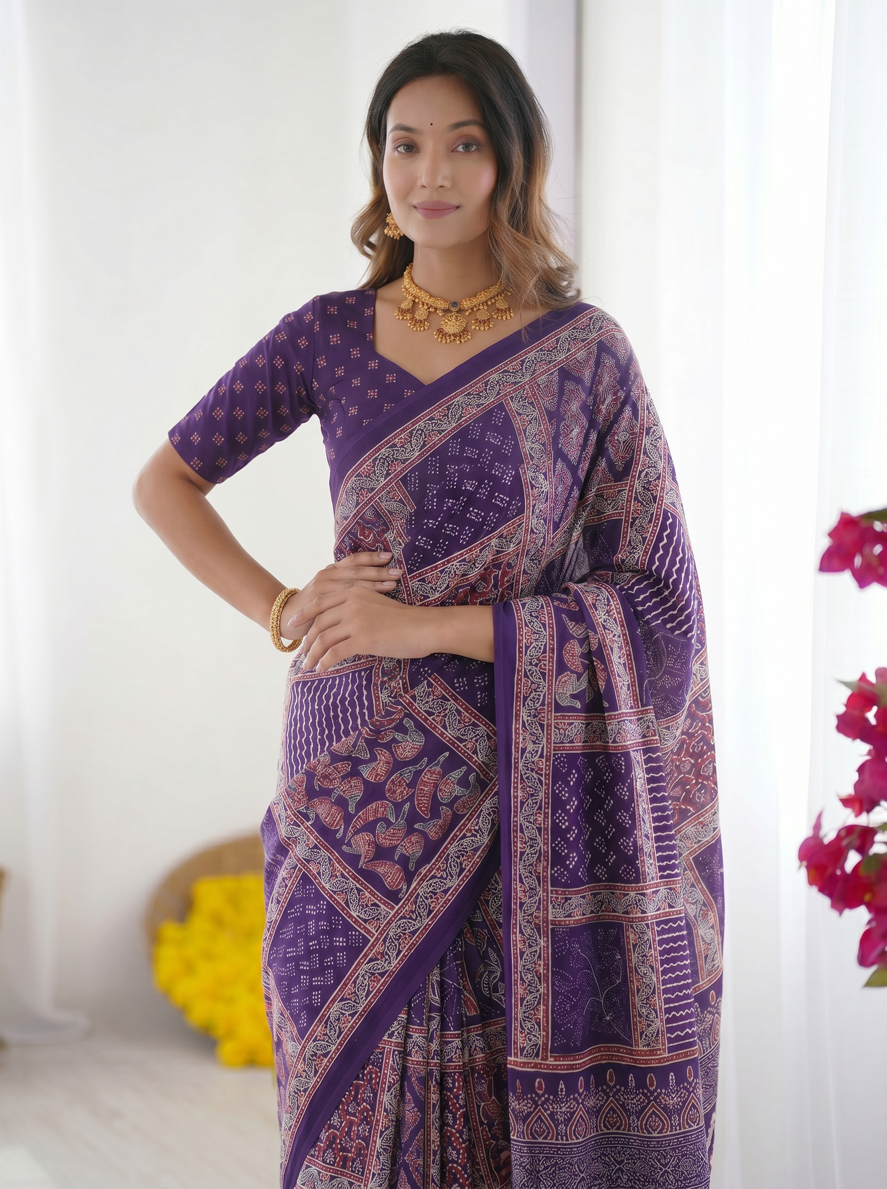 Royal Purple Modal Silk Saree with Tribal & Geometric Print | Designer Ethnic Pallu Saree for Festive Wear
