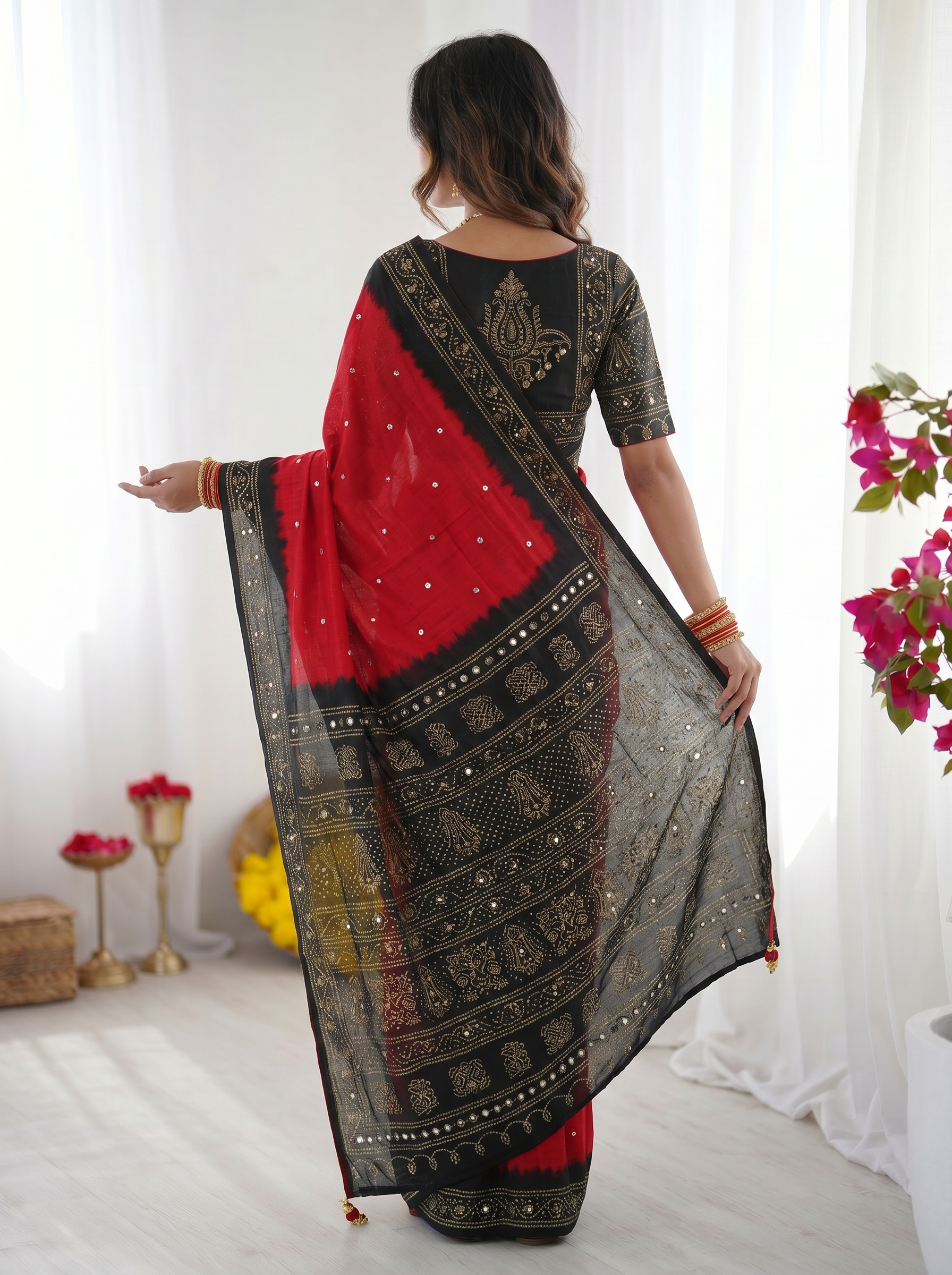 Crimson Red & Black Modal Silk Saree with Traditional Bandhani Inspired Motifs, Stone Work & Heritage Folk Art Pallu