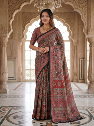 Vintage Rose Pure Modal Silk Saree with Intricate Heritage Mandala Print & Designer Ethnic Pallu