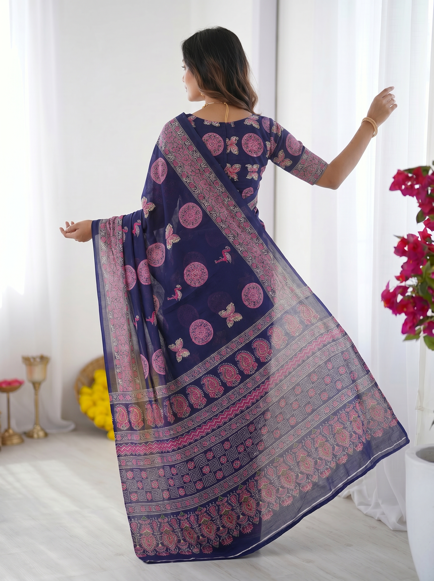 Navy Blue Modal Silk Saree with Paisley & Circular Motif Print | Designer Heritage Pallu Saree for Festive Wear
