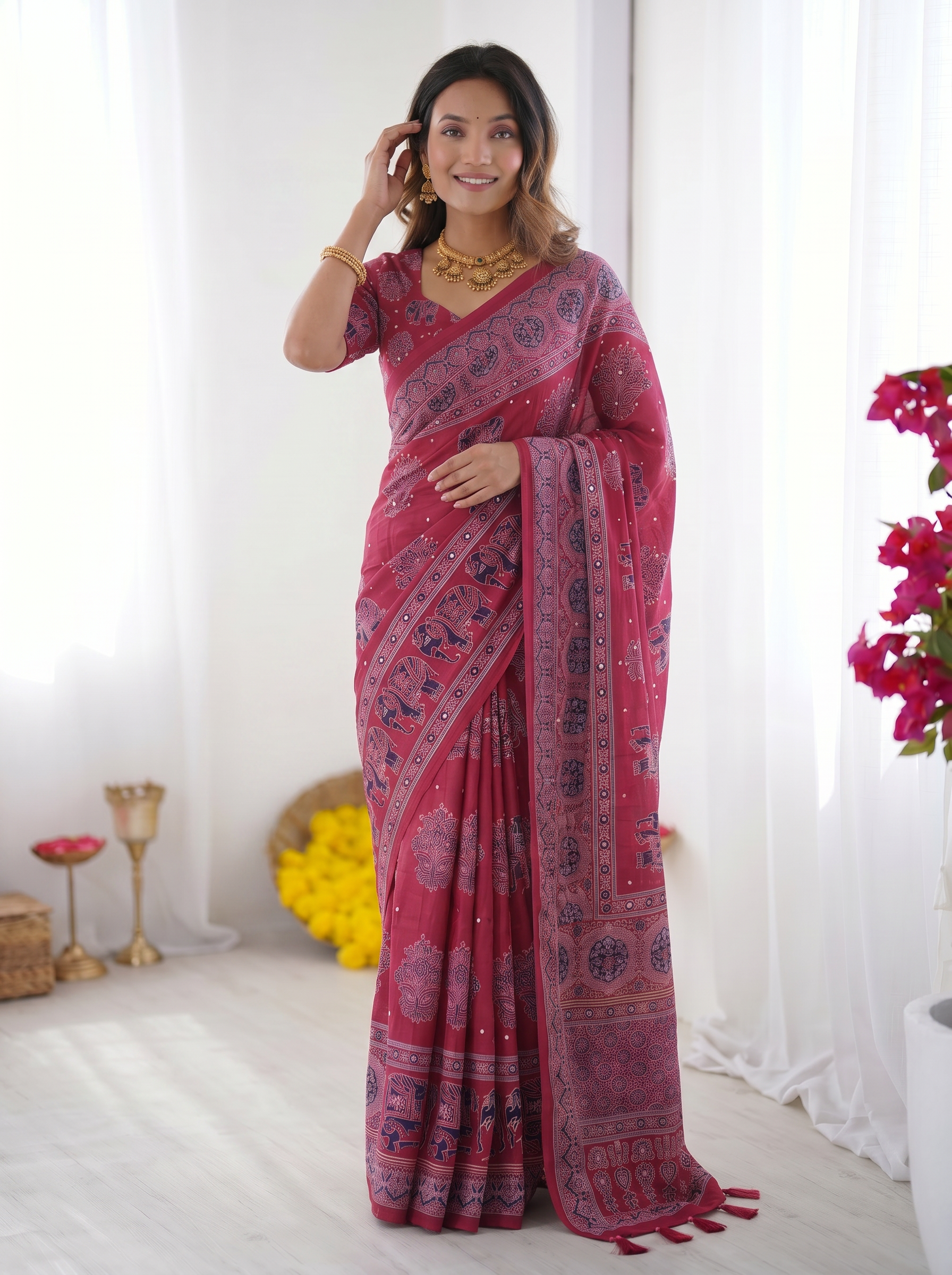 Rani Pink Modal Silk Saree with Elephant Motif Ajrakh Print & Designer Pallu | Festive Ethnic Wear Saree