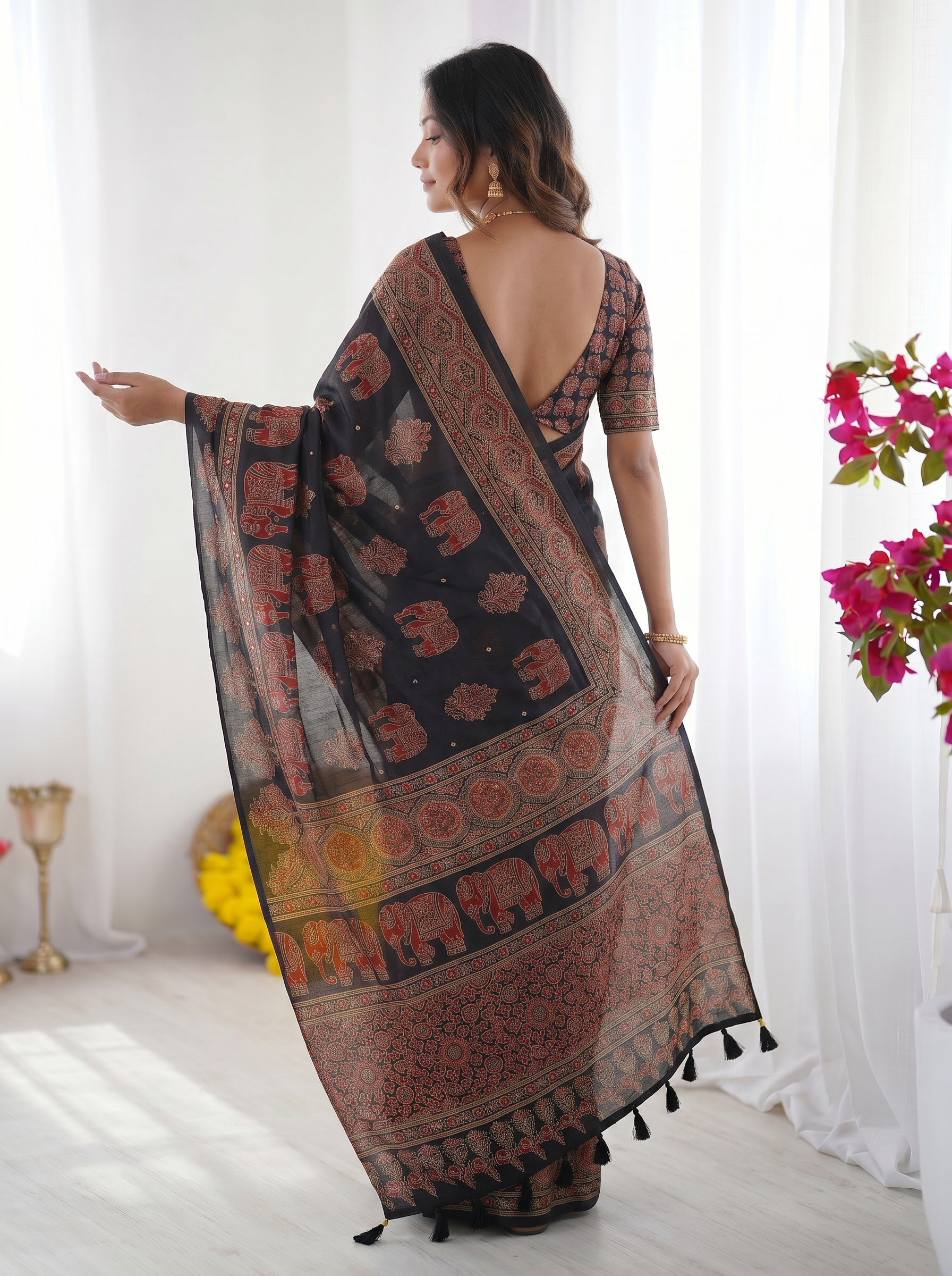 Black Modal Silk Saree with Elephant Motif Ajrakh Print & Heritage Designer Pallu | Traditional Festive Wear Saree