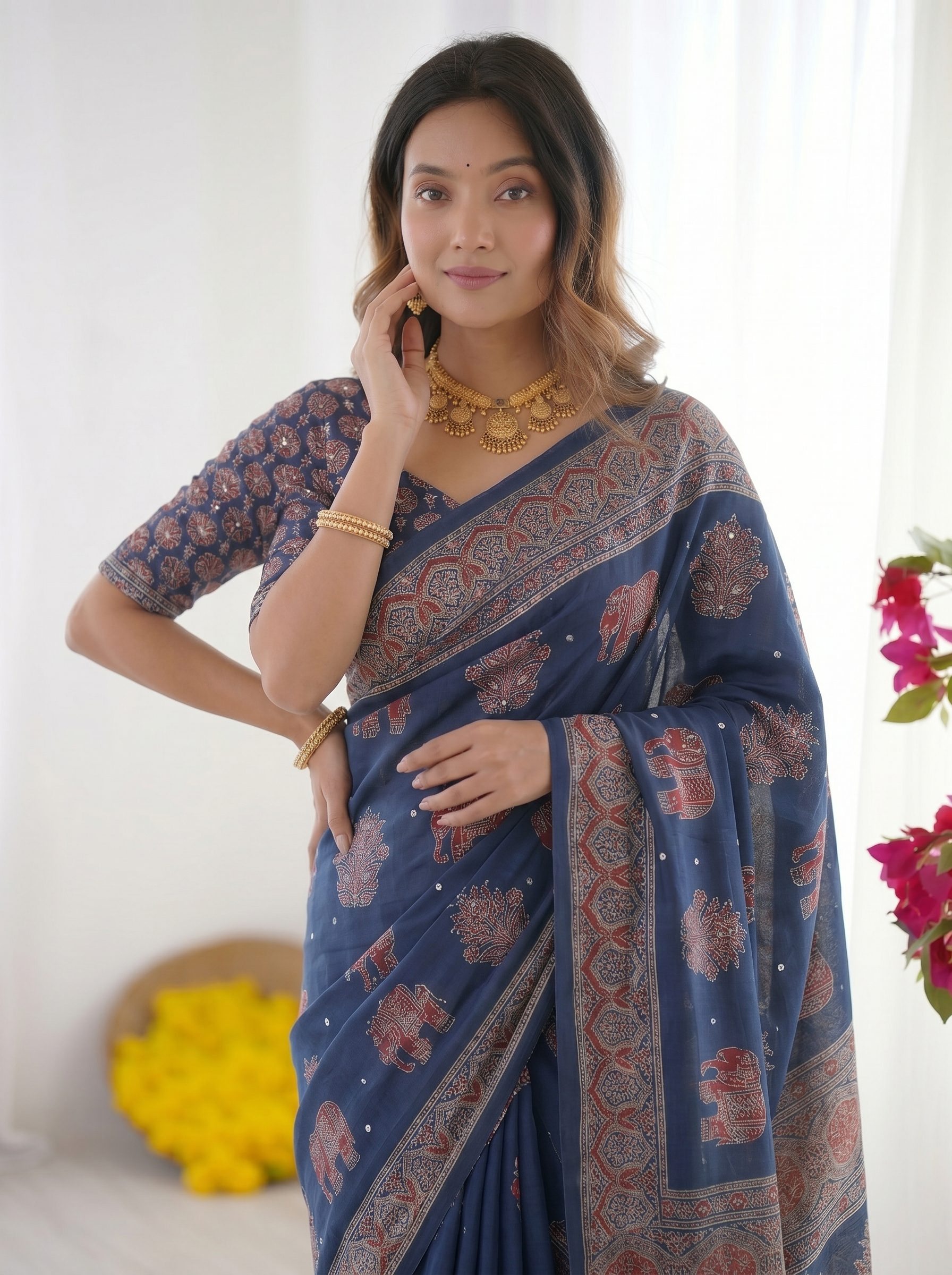 Royal Blue Modal Silk Saree with Elephant Motif Heritage Print & Designer Pallu | Traditional Festive Wear Saree