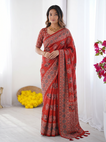 Rust Red Modal Silk Saree with Elephant Motif Ajrakh Print & Designer Pallu | Traditional Ethnic Festive Wear Saree