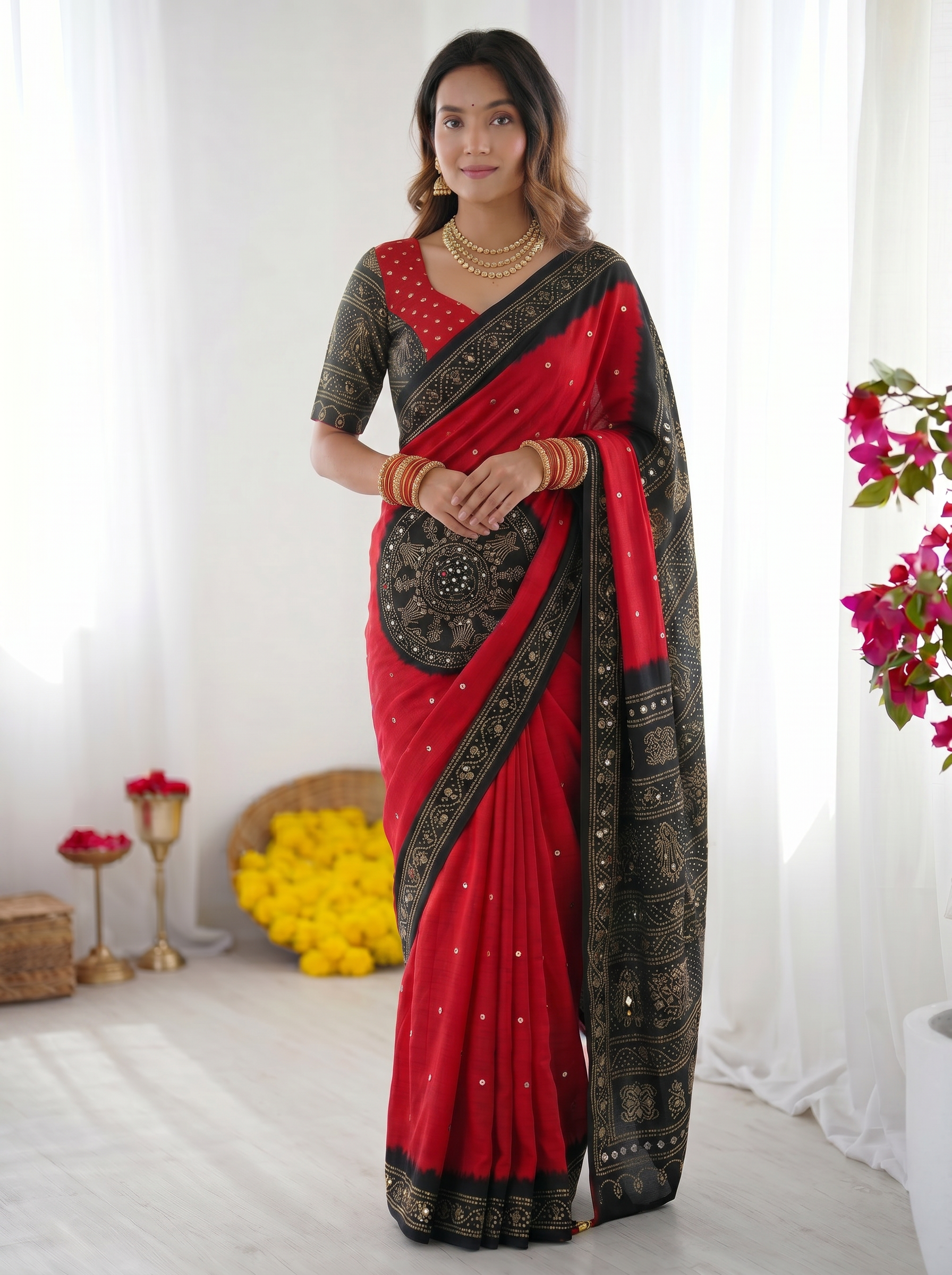 Crimson Red & Black Modal Silk Saree with Traditional Bandhani Inspired Motifs, Stone Work & Heritage Folk Art Pallu