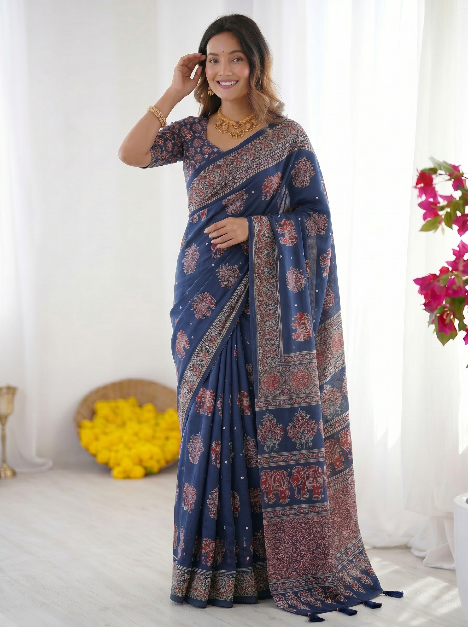 Royal Blue Modal Silk Saree with Elephant Motif Heritage Print & Designer Pallu | Traditional Festive Wear Saree