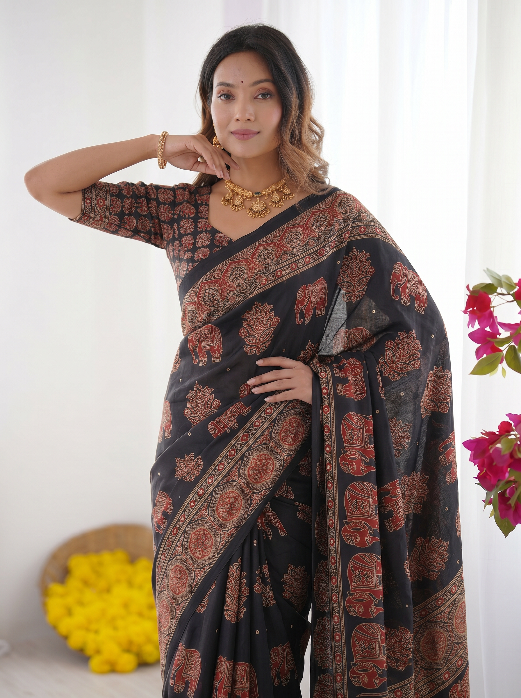 Black Modal Silk Saree with Elephant Motif Ajrakh Print & Heritage Designer Pallu | Traditional Festive Wear Saree