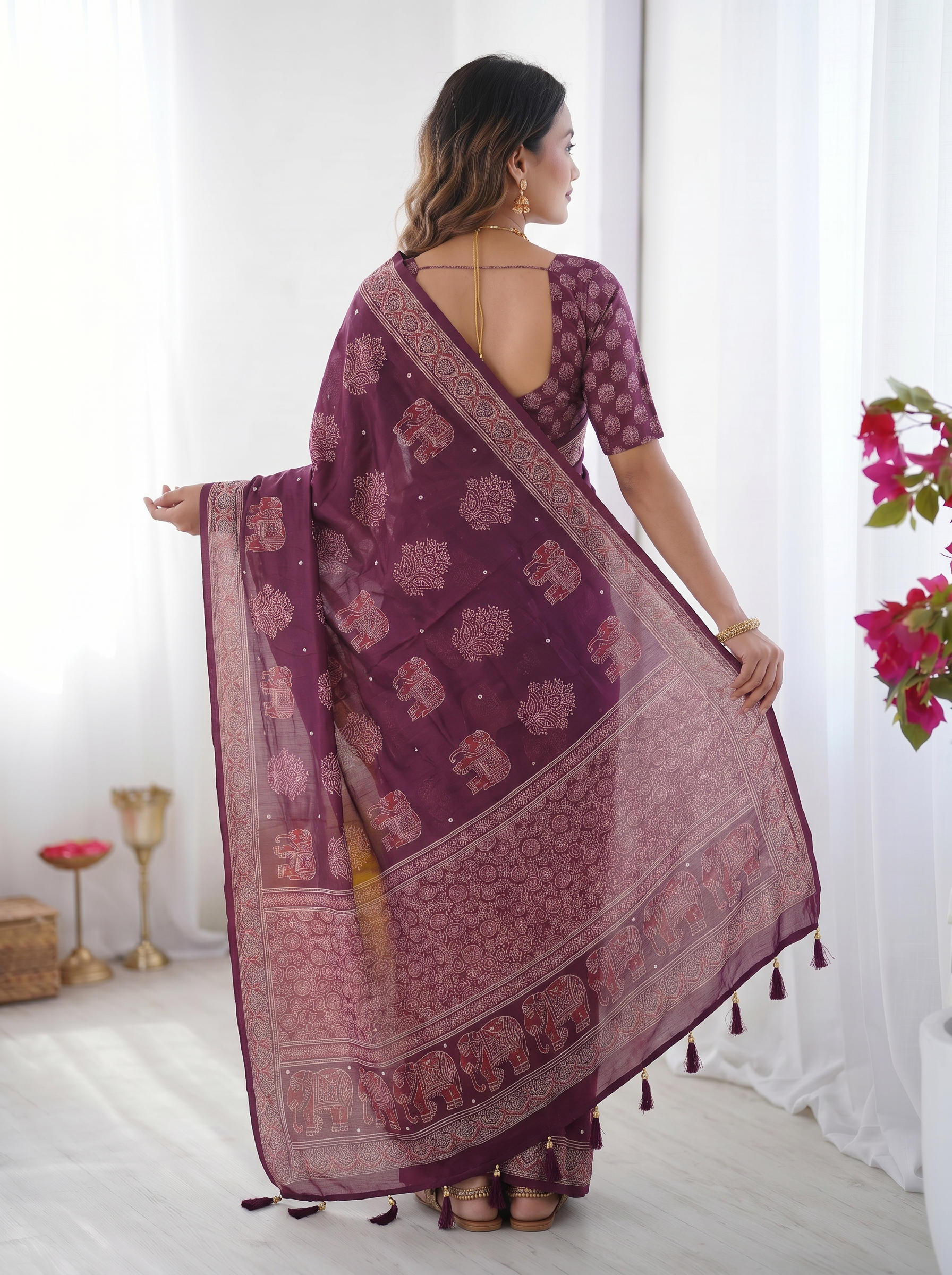Plum Purple Modal Silk Saree with Elephant Motif Print & Heritage Designer Pallu | Traditional Festive Wear Saree
