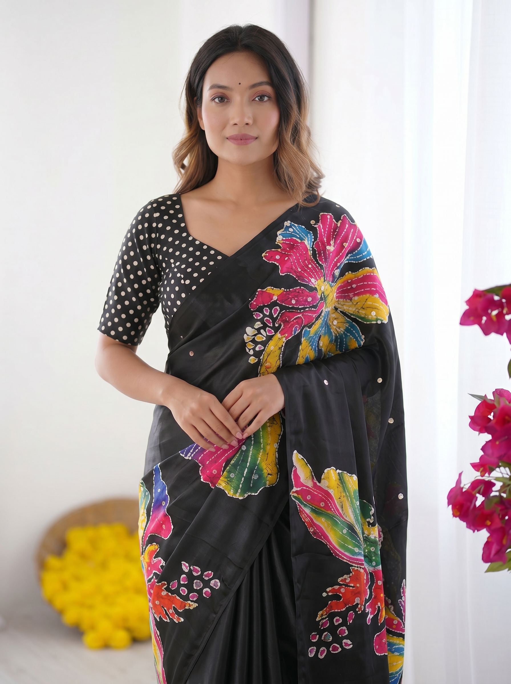 Black Modal Silk Saree with Multicolor Floral Art Print, Handcrafted-Inspired Design & Designer Tassel Pallu