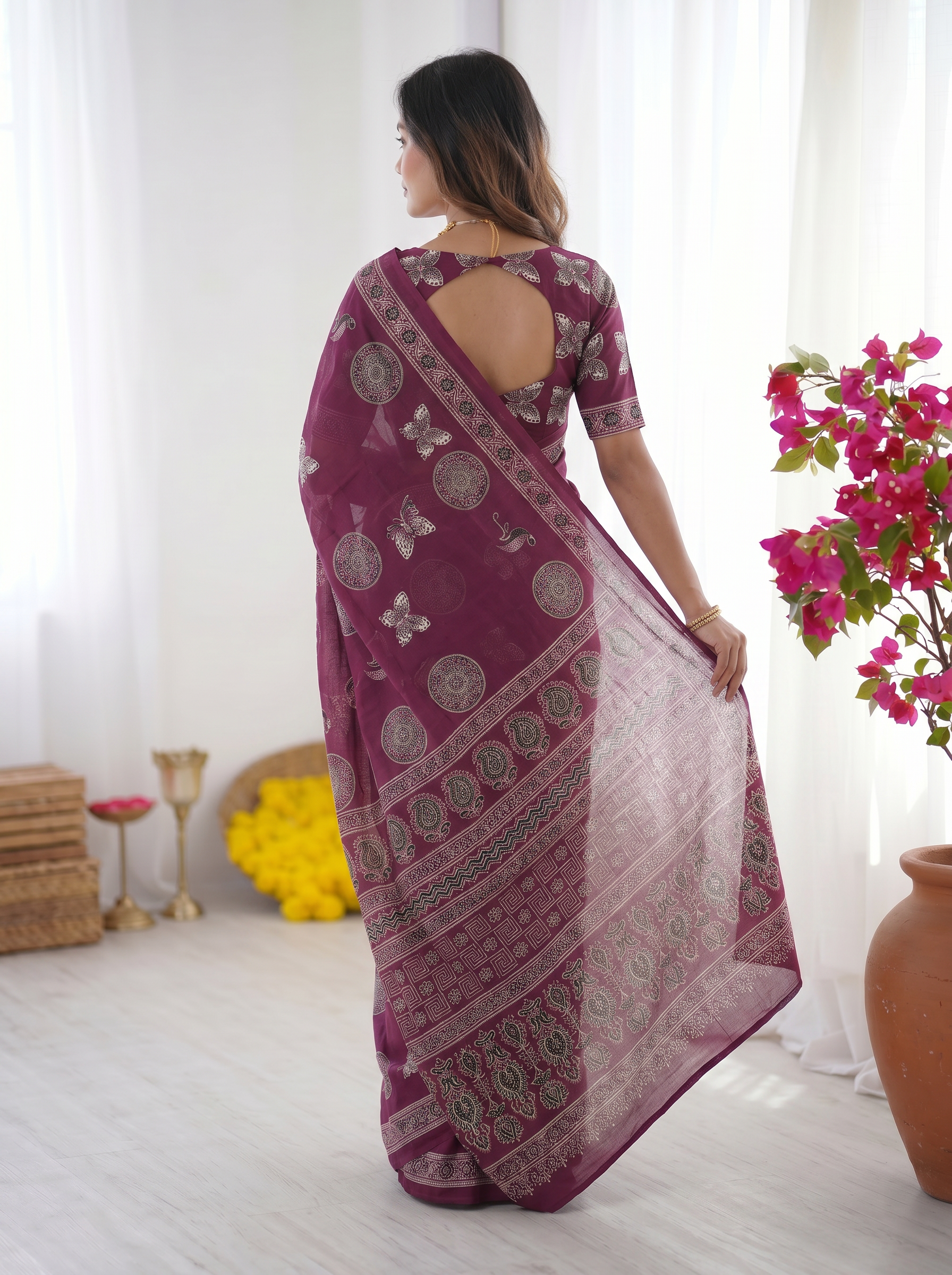 Wine Purple Modal Silk Saree with Traditional Circular Motif Print & Heritage Designer Pallu | Festive & Ethnic Wear Saree