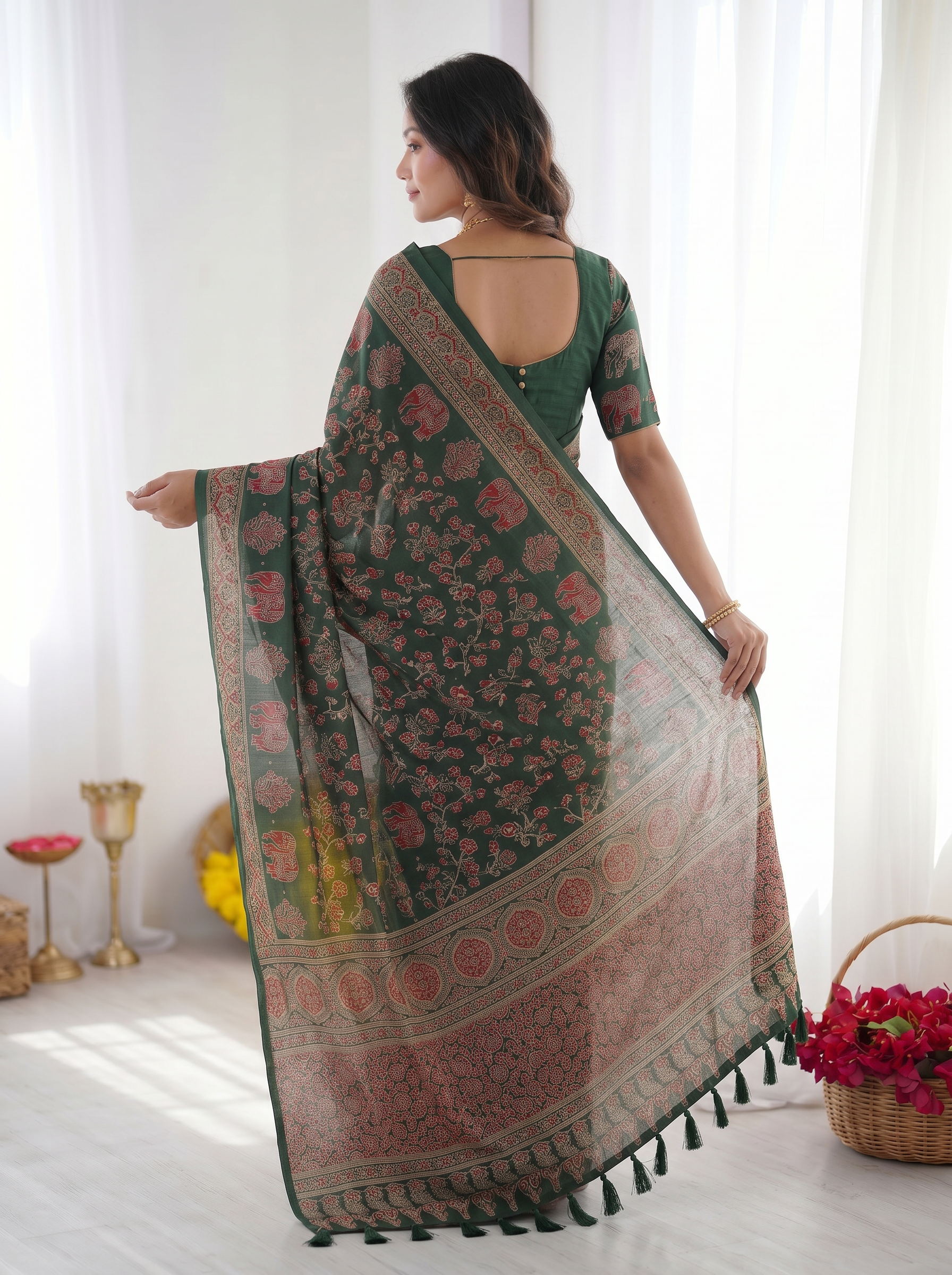 Forest Green Modal Silk Saree with Elephant Motif Ajrakh Print & Designer Heritage Pallu | Traditional Festive Wear Saree