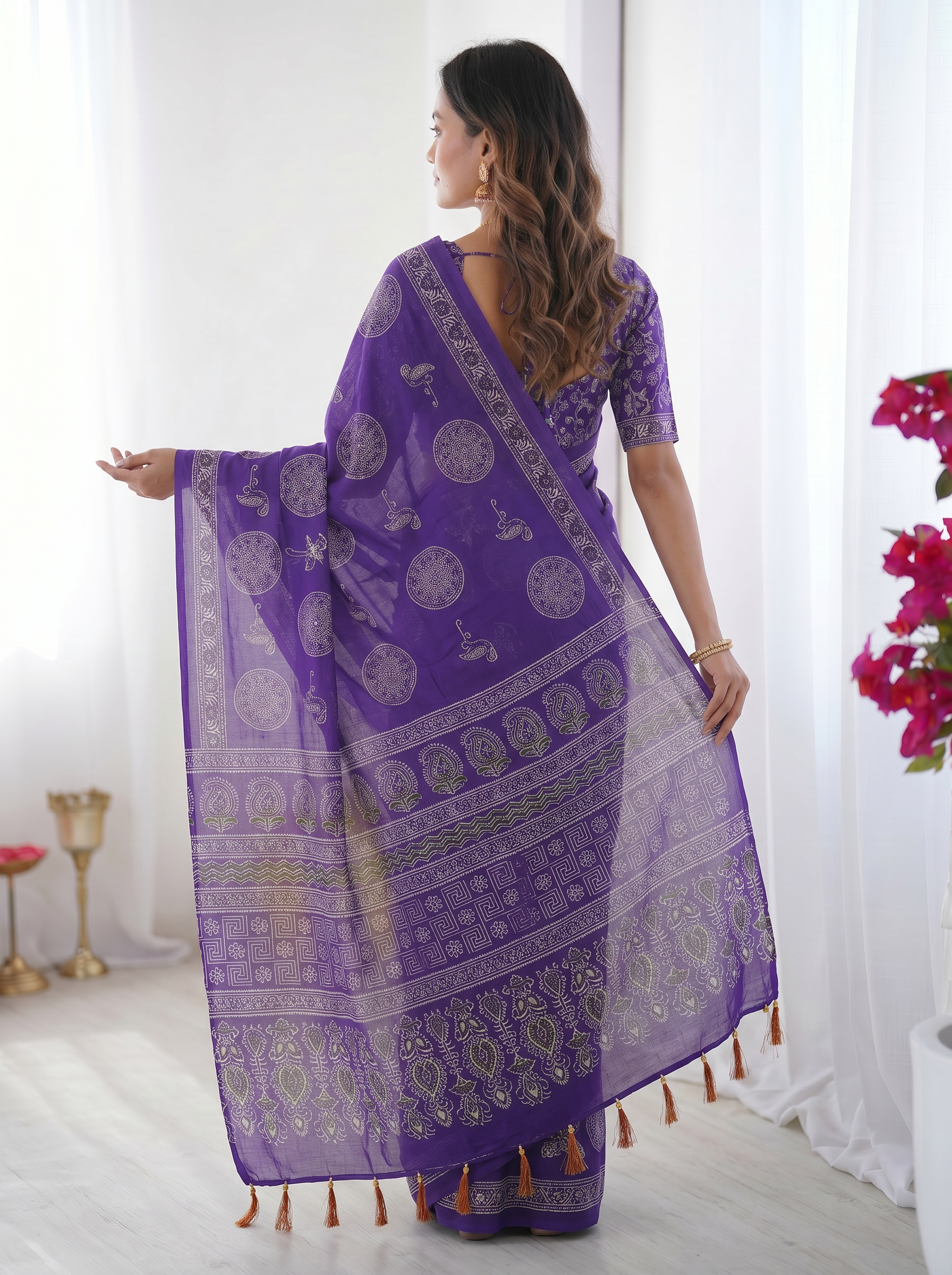 Royal Purple Modal Silk Saree with Circular Medallion Print & Heritage Designer Pallu | Festive & Ethnic Wear Saree