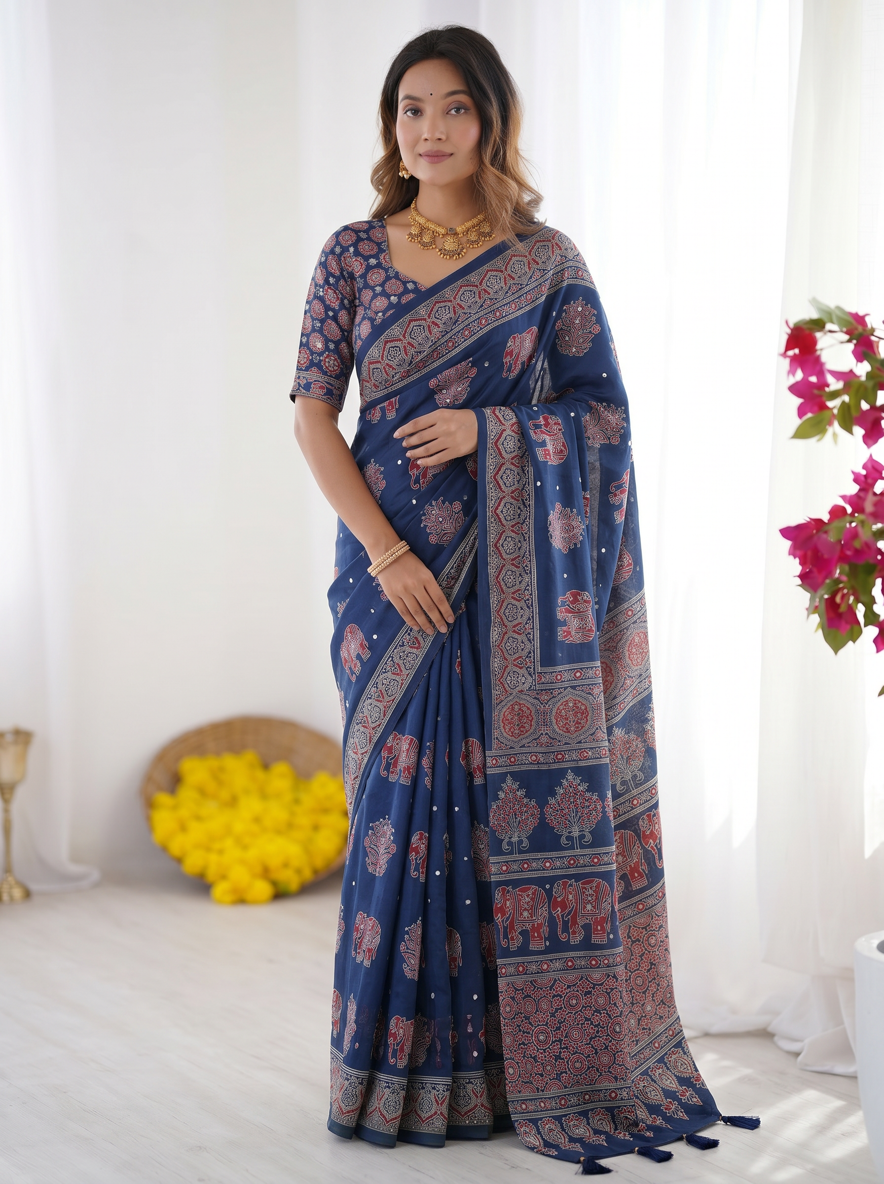 Royal Blue Modal Silk Saree with Elephant Motif Heritage Print & Designer Pallu | Traditional Festive Wear Saree