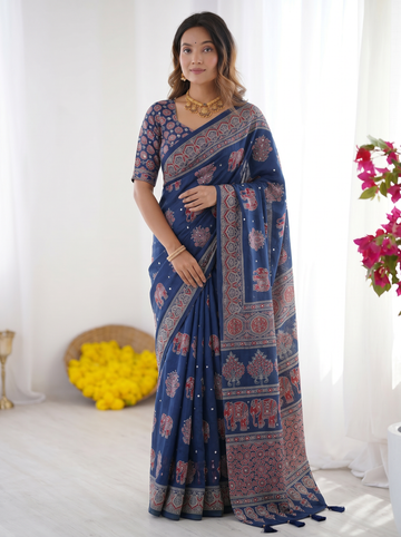 Royal Blue Modal Silk Saree with Elephant Motif Heritage Print & Designer Pallu | Traditional Festive Wear Saree