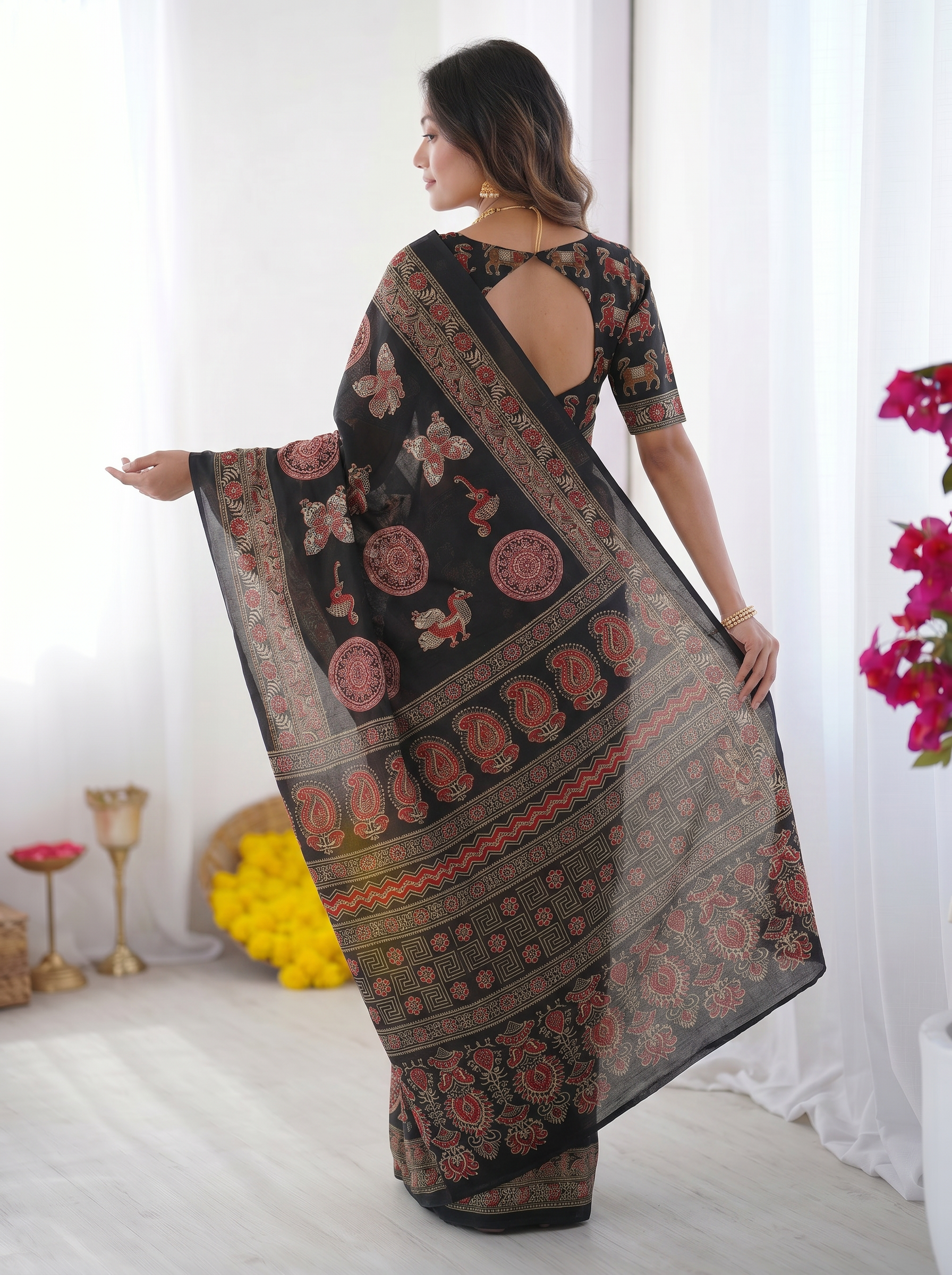 Black Modal Silk Saree with Traditional Ajrakh-Inspired Circular Motif Print & Designer Pallu | Festive & Ethnic Wear Saree