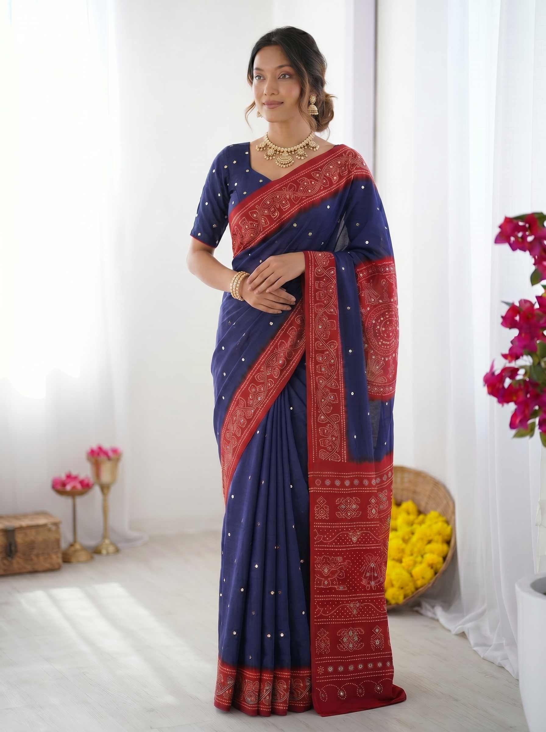 Royal Blue & Crimson Red Bandhani Inspired Modal Silk Saree with Traditional Folk Art Pallu & Stone Embellishments