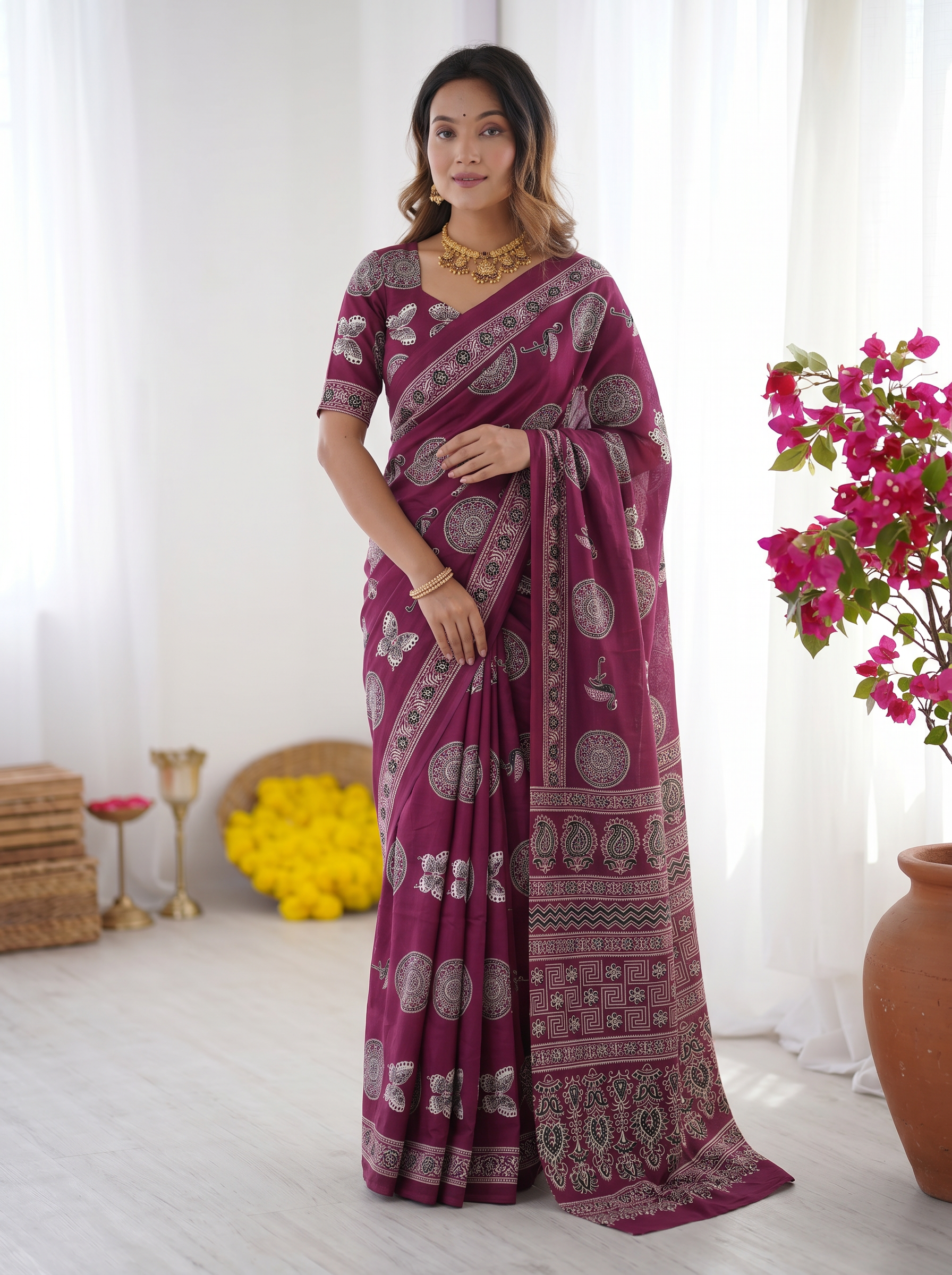 Wine Purple Modal Silk Saree with Traditional Circular Motif Print & Heritage Designer Pallu | Festive & Ethnic Wear Saree