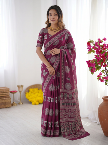 Wine Purple Modal Silk Saree with Traditional Circular Motif Print & Heritage Designer Pallu | Festive & Ethnic Wear Saree