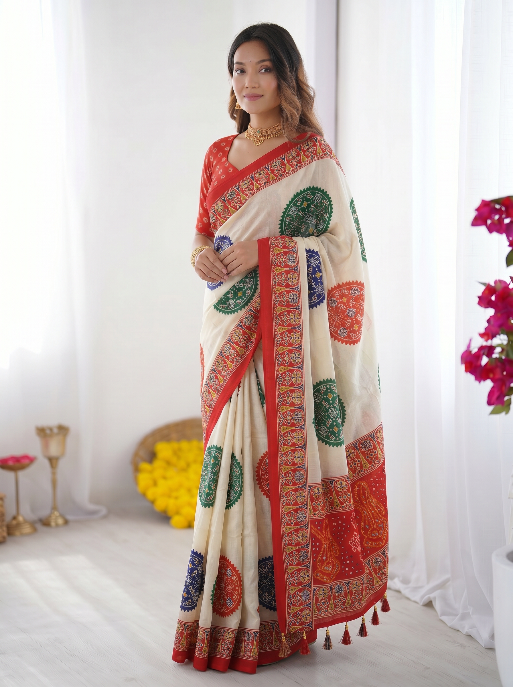 Ivory White & Vermilion Red Pure Modal Silk Saree with Multicolor Mandala Print & Traditional Designer Pallu