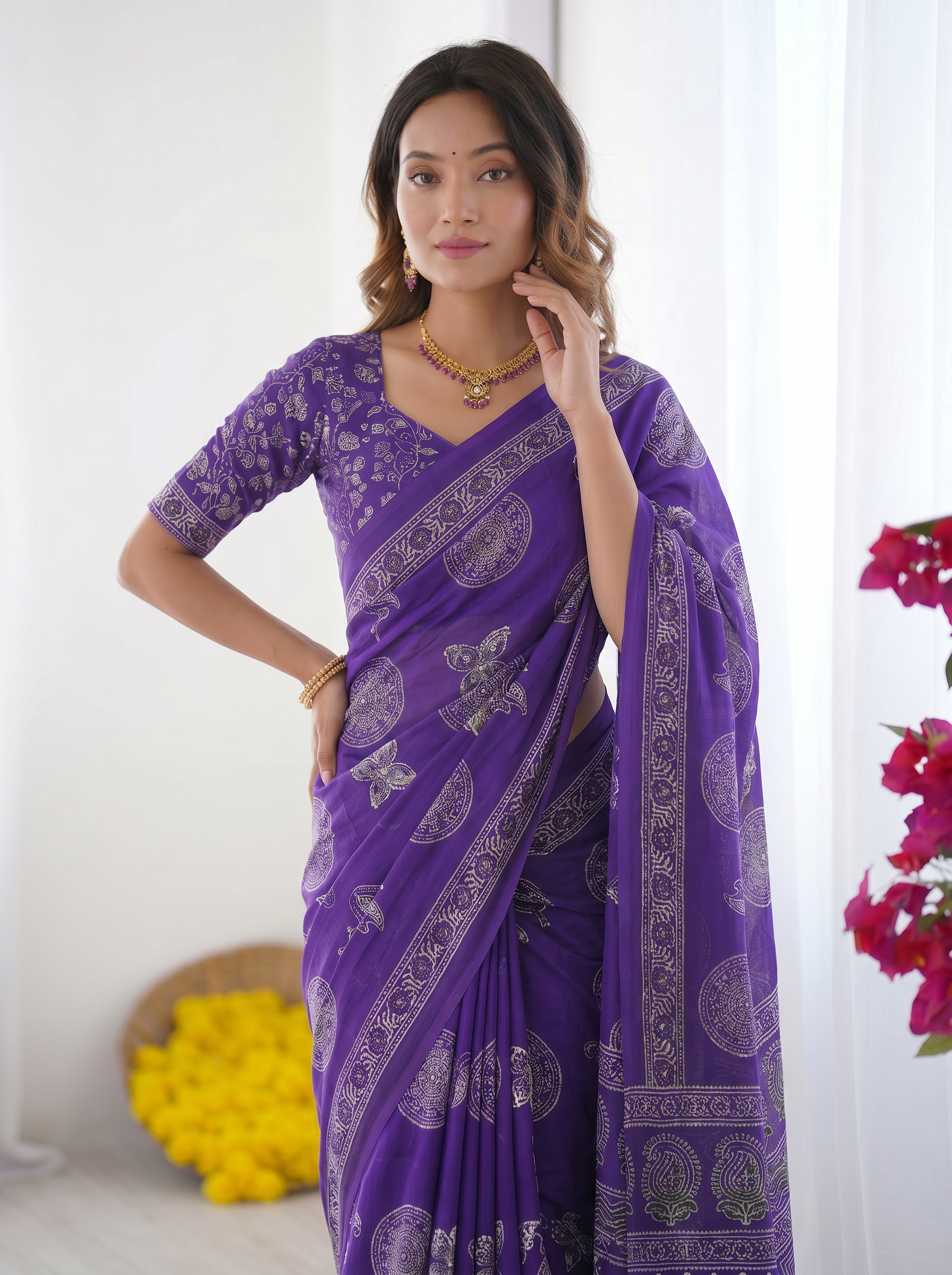 Royal Purple Modal Silk Saree with Circular Medallion Print & Heritage Designer Pallu | Festive & Ethnic Wear Saree