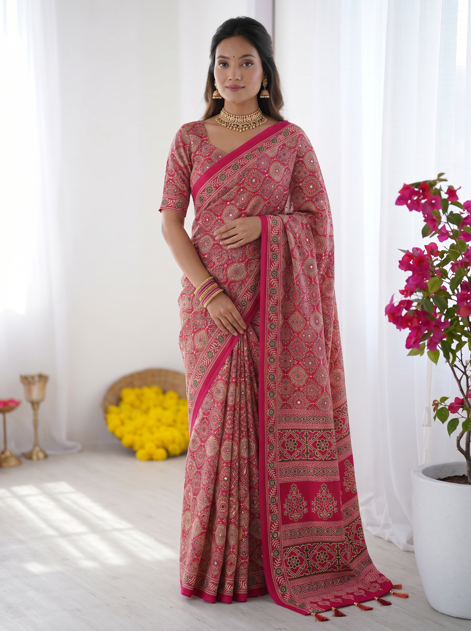 Rose Pink Modal Silk Saree with Heritage Motifs, Intricate All-Over Print & Designer Pallu