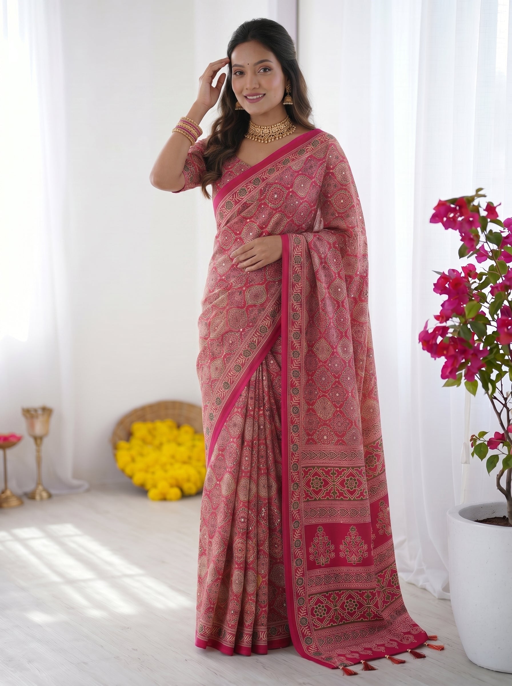 Rose Pink Modal Silk Saree with Heritage Motifs, Intricate All-Over Print & Designer Pallu