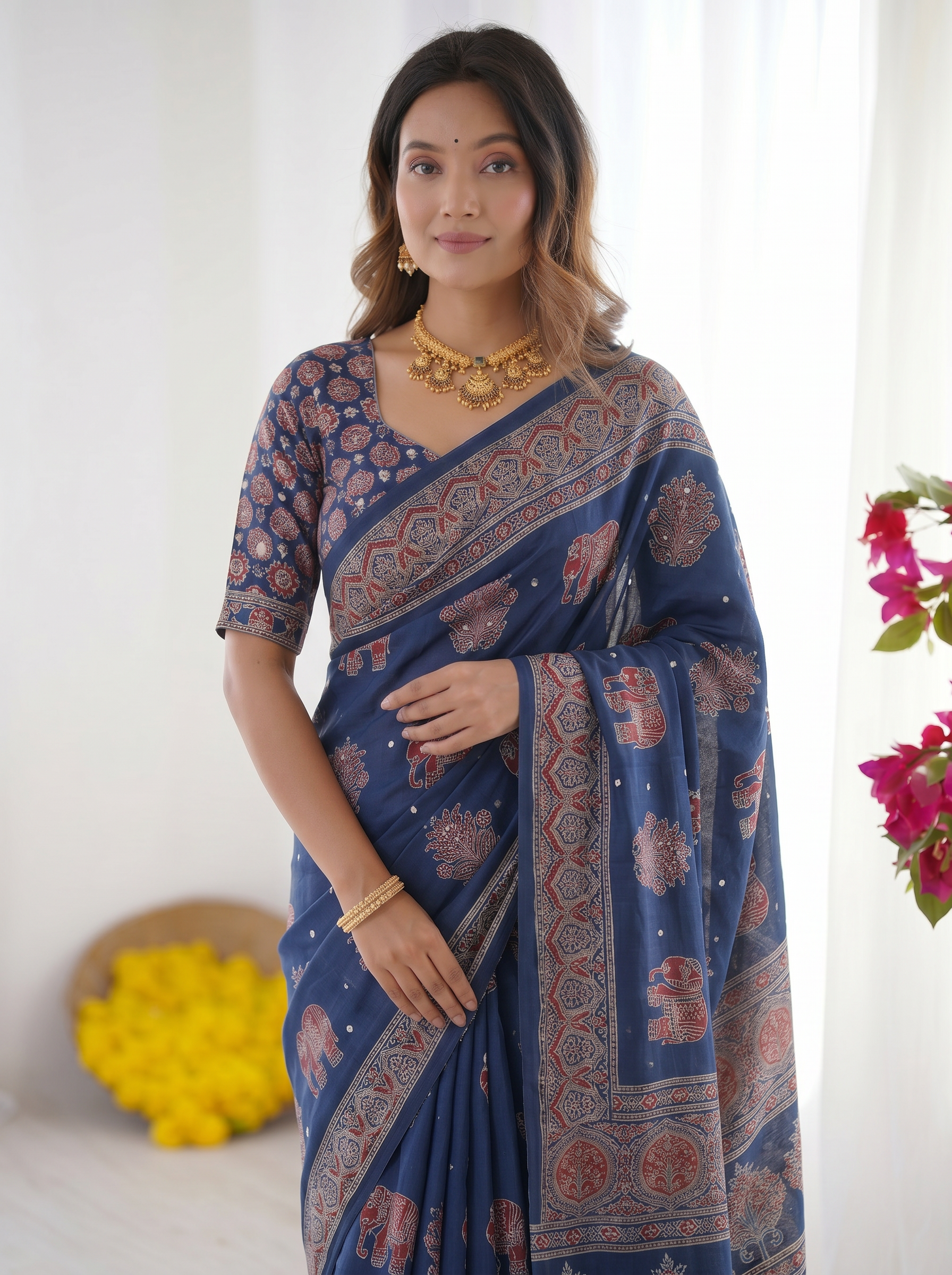 Royal Blue Modal Silk Saree with Elephant Motif Heritage Print & Designer Pallu | Traditional Festive Wear Saree