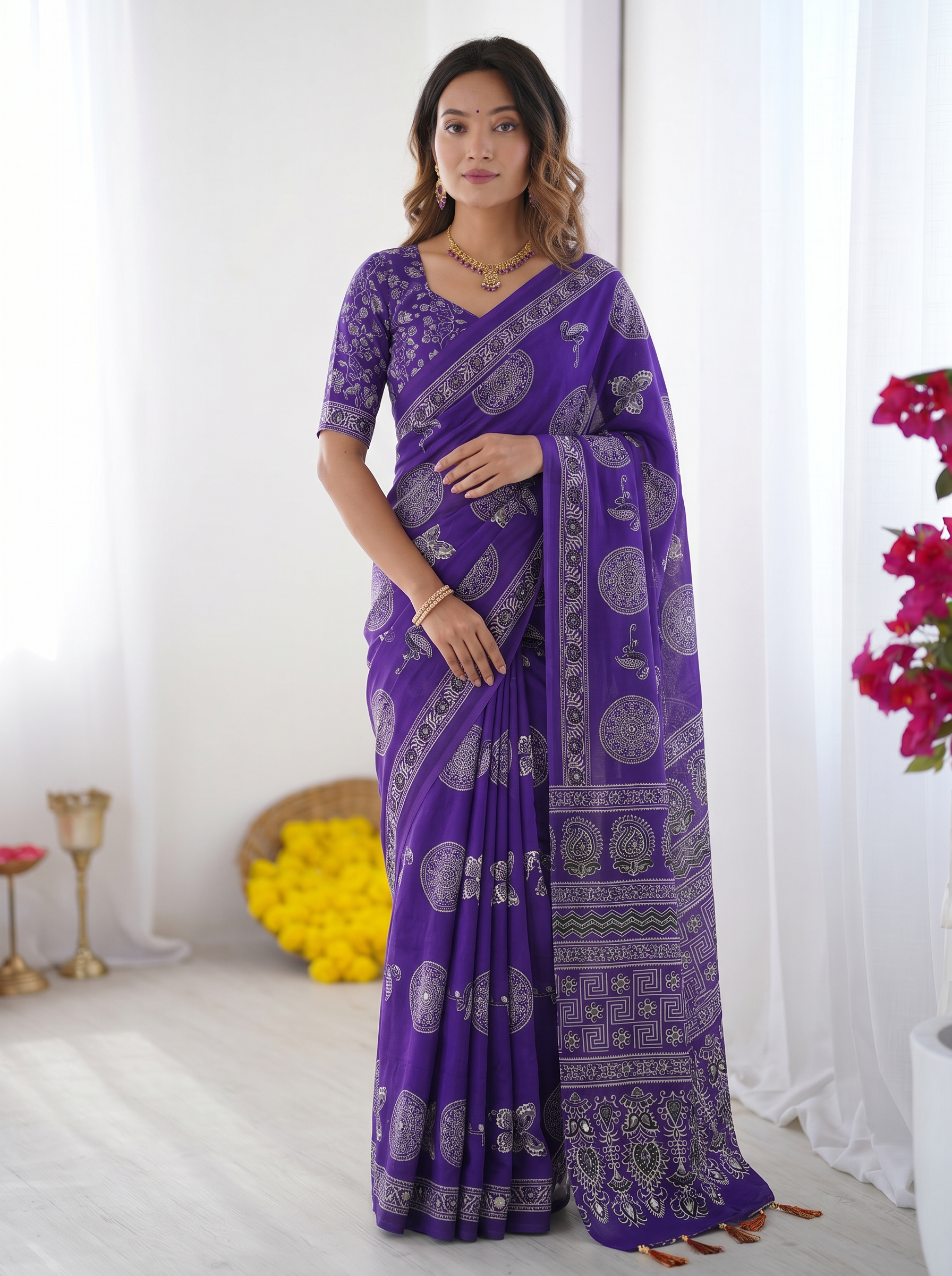 Royal Purple Modal Silk Saree with Circular Medallion Print & Heritage Designer Pallu | Festive & Ethnic Wear Saree