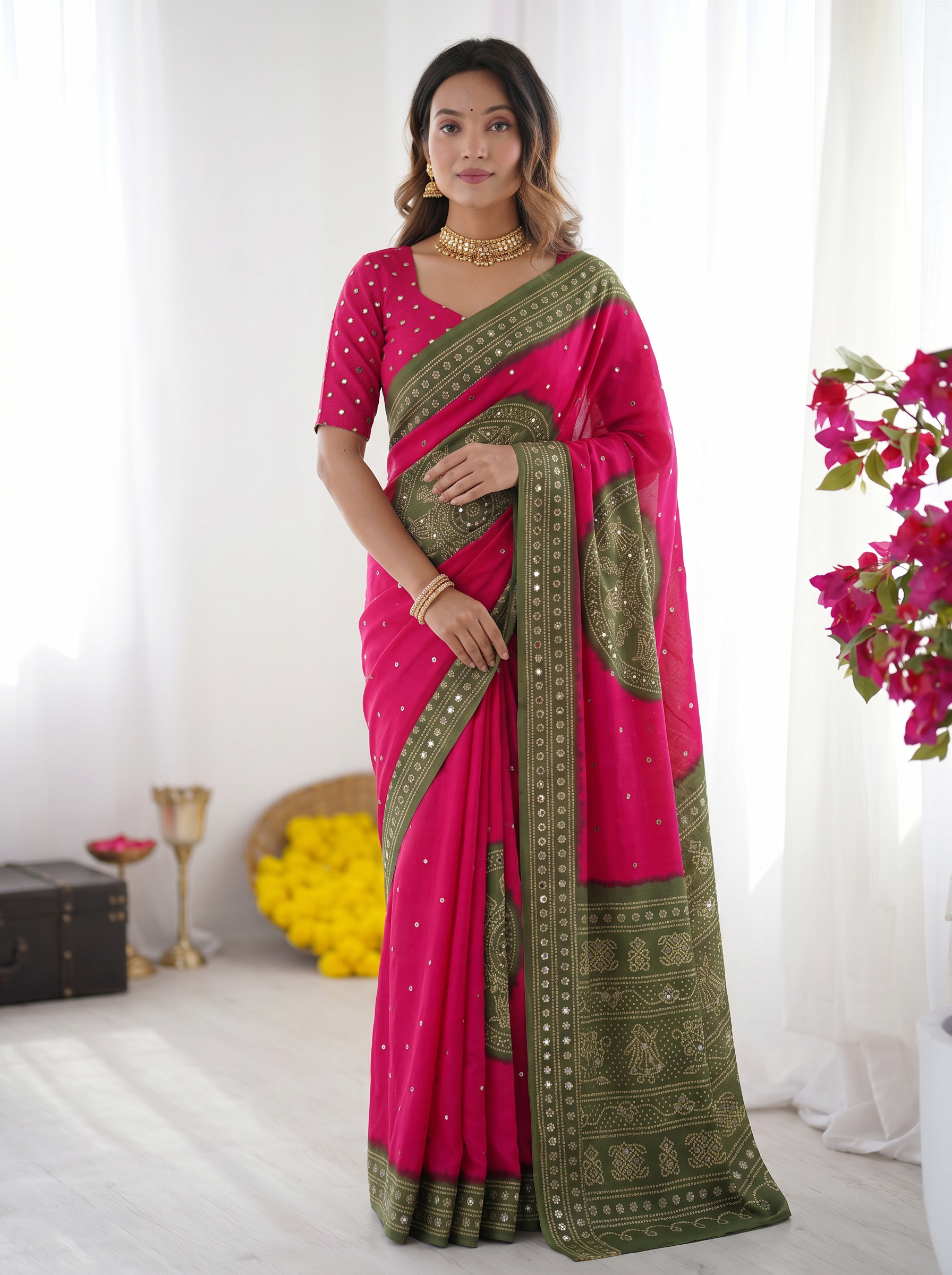 Rani Pink & Olive Green Bandhani Inspired Modal Silk Saree with Traditional Folk Print Pallu & Stone Embellishments