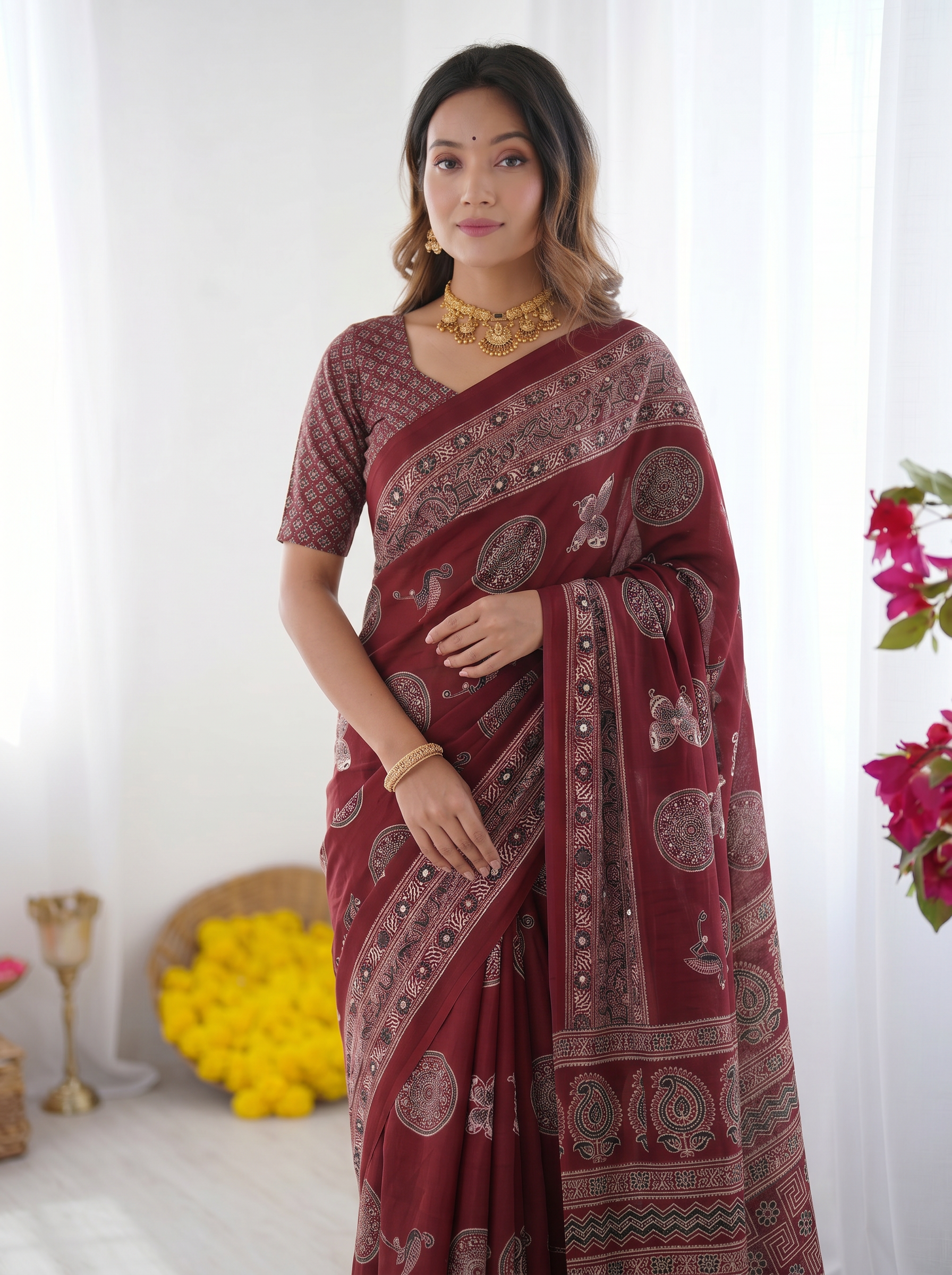 Maroon Modal Silk Saree with Paisley & Circular Motif Print | Designer Heritage Pallu Saree for Festive Wear