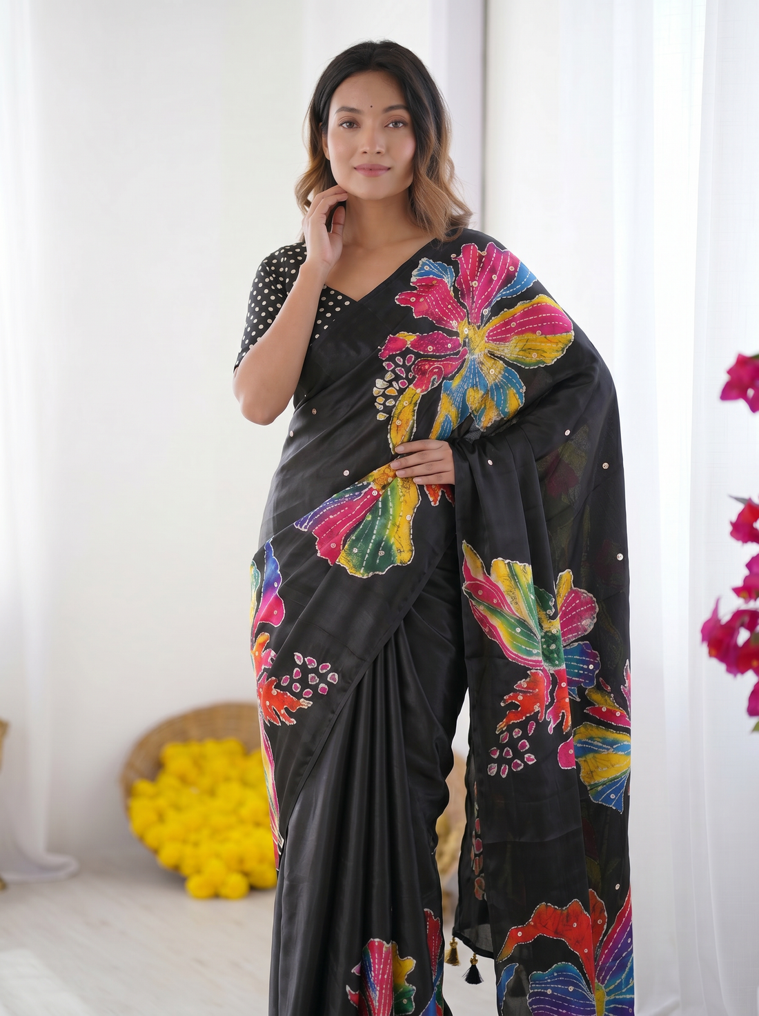 Black Modal Silk Saree with Multicolor Floral Art Print, Handcrafted-Inspired Design & Designer Tassel Pallu
