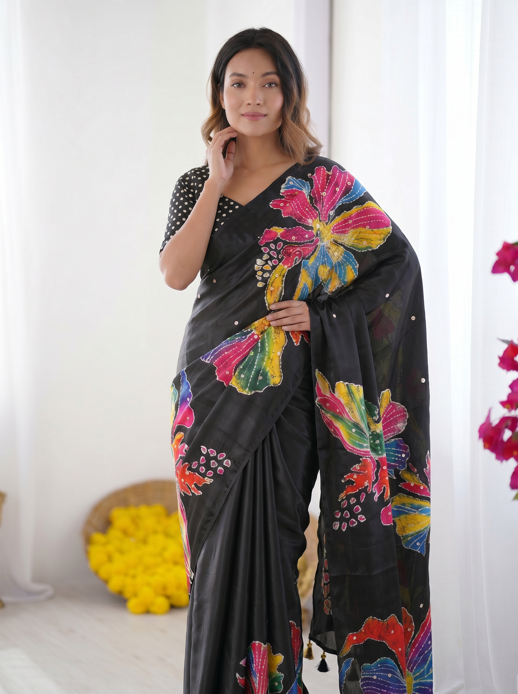 Black Modal Silk Saree with Multicolor Floral Art Print, Handcrafted-Inspired Design & Designer Tassel Pallu