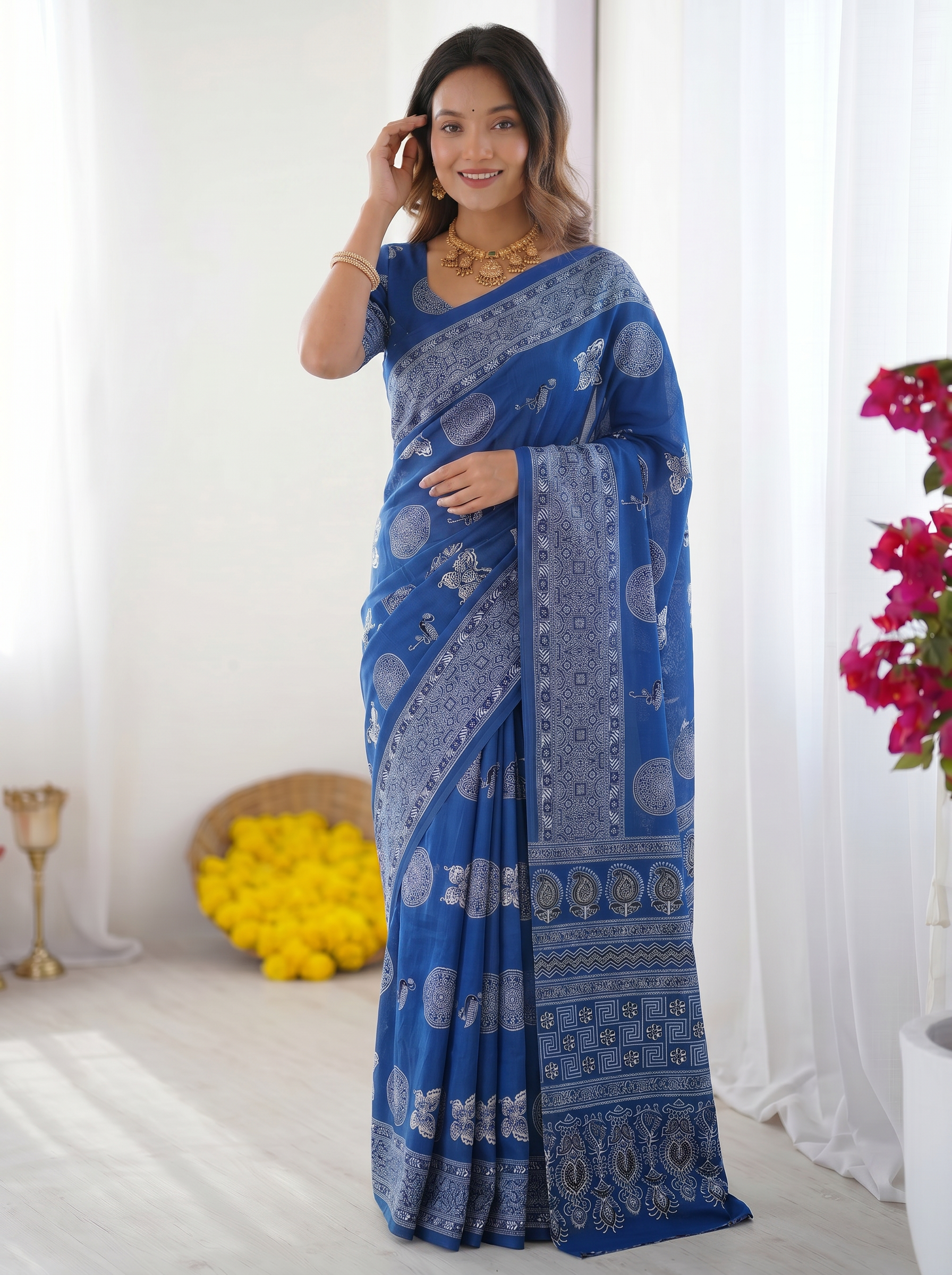 Royal Blue Modal Silk Saree with Paisley & Circular Motif Print | Designer Heritage Pallu Saree for Festive Wear